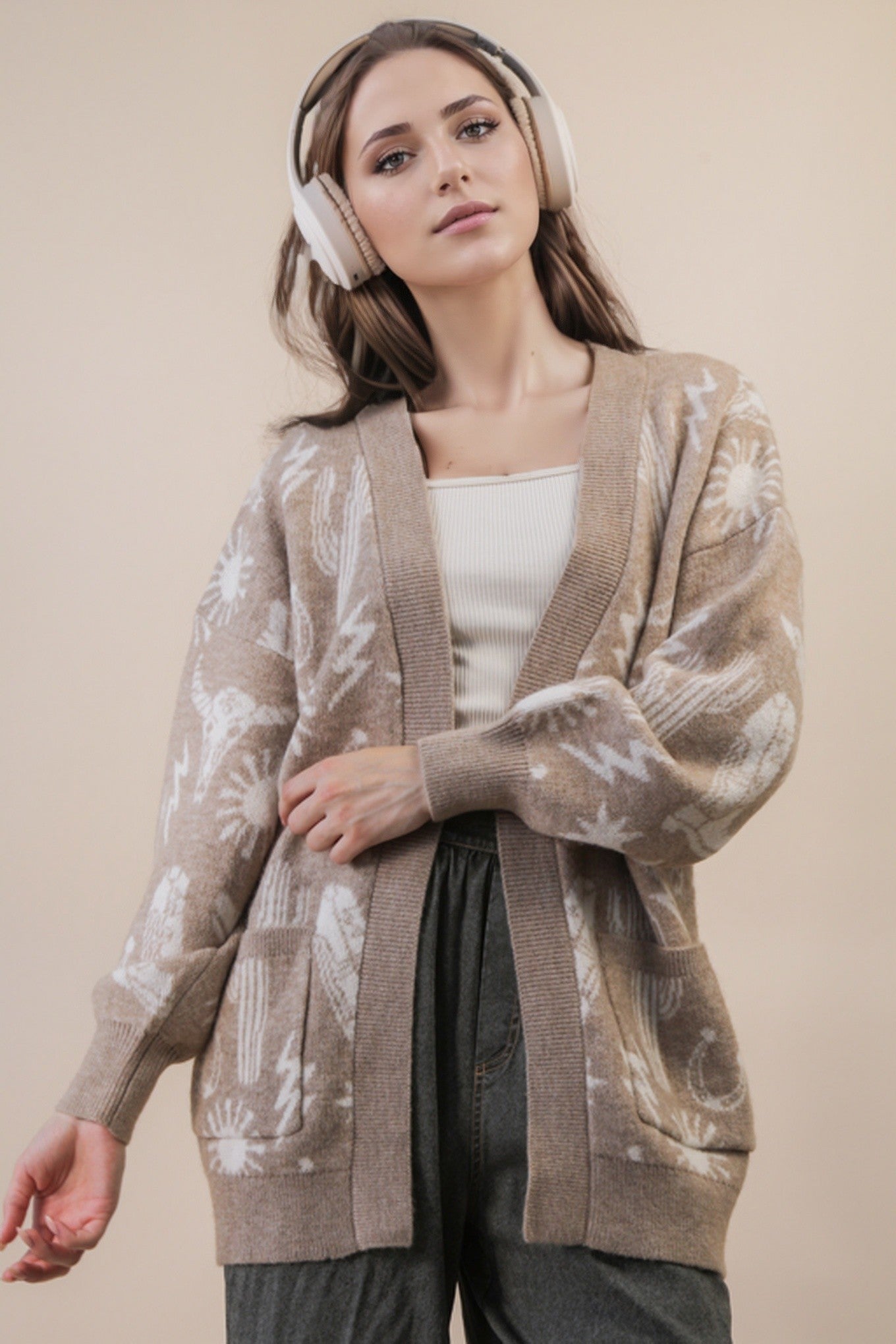 Oversized Western Graphic Knit Cardigan - Mocha