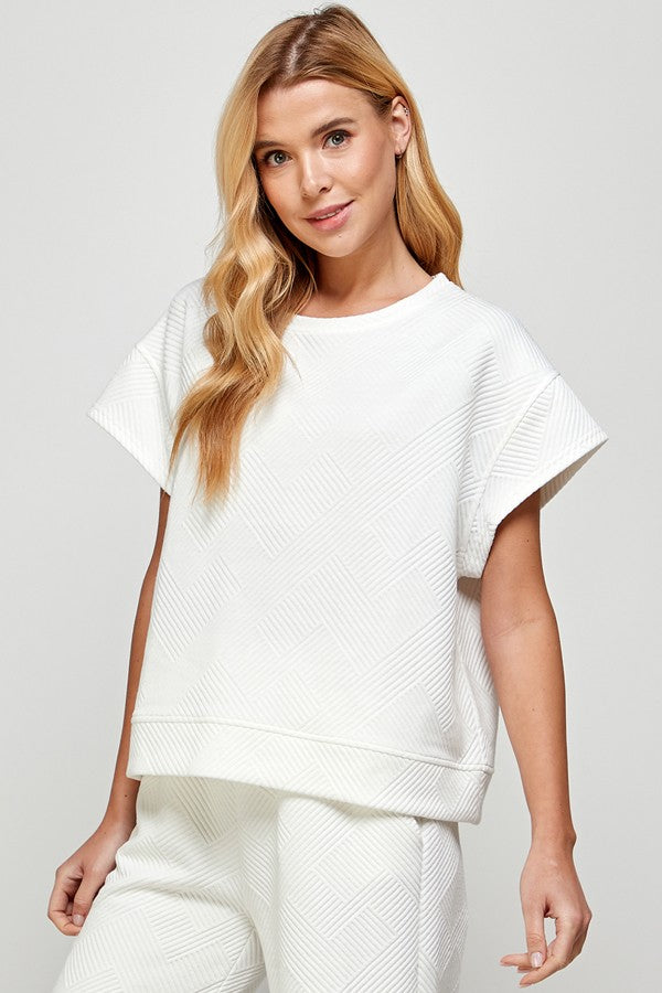 Geo Ribbed Cropped Sleeve Top - White
