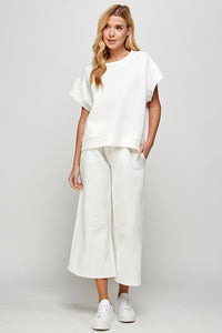 Geo Ribbed Cropped Sleeve Top - White