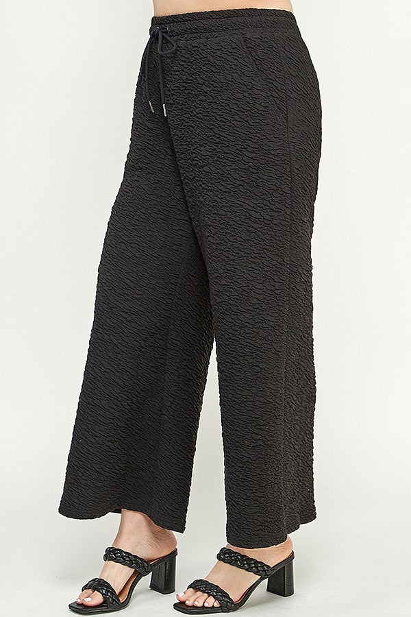 Crinkled Black Cropped Wide-Legged Pants
