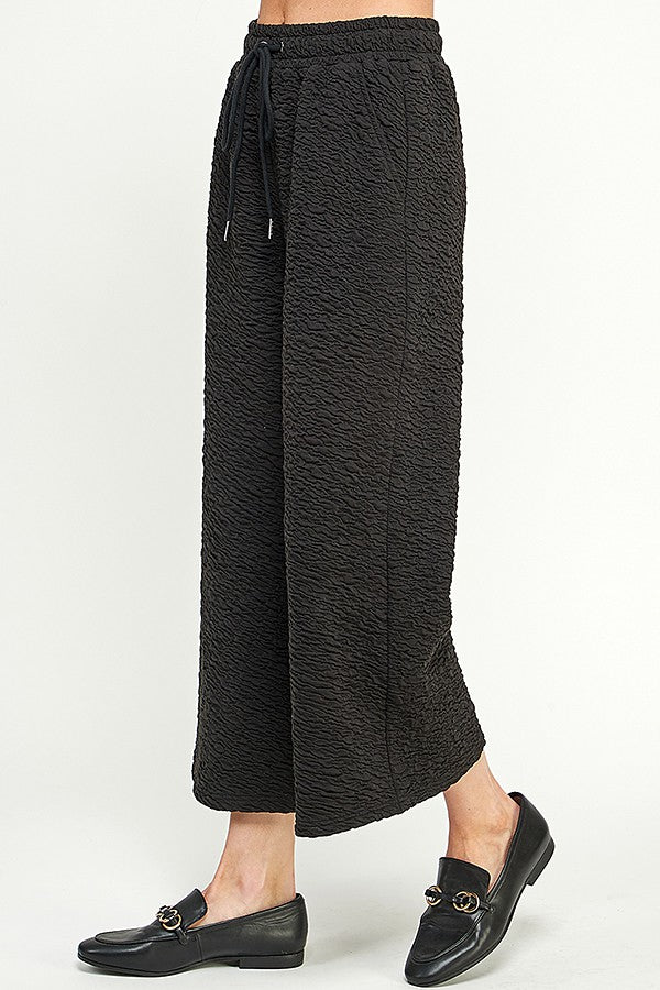 Crinkled Black Cropped Wide-Legged Pants
