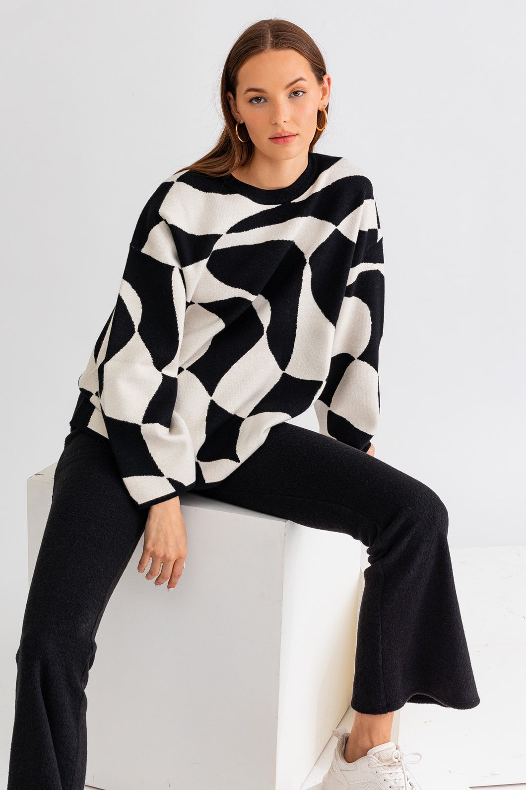 Abstract Checkered Oversized Sweater - Off White