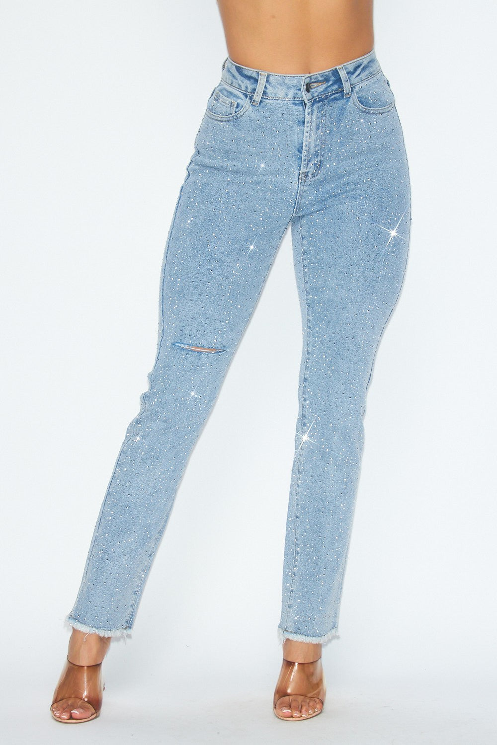 Sparks Rhinestone Distressed High Rise Denim Jeans - Denim