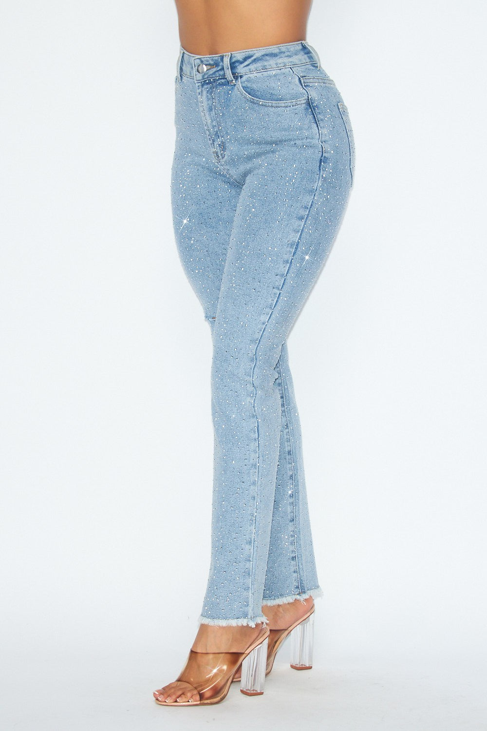 Sparks Rhinestone Distressed High Rise Denim Jeans - Denim