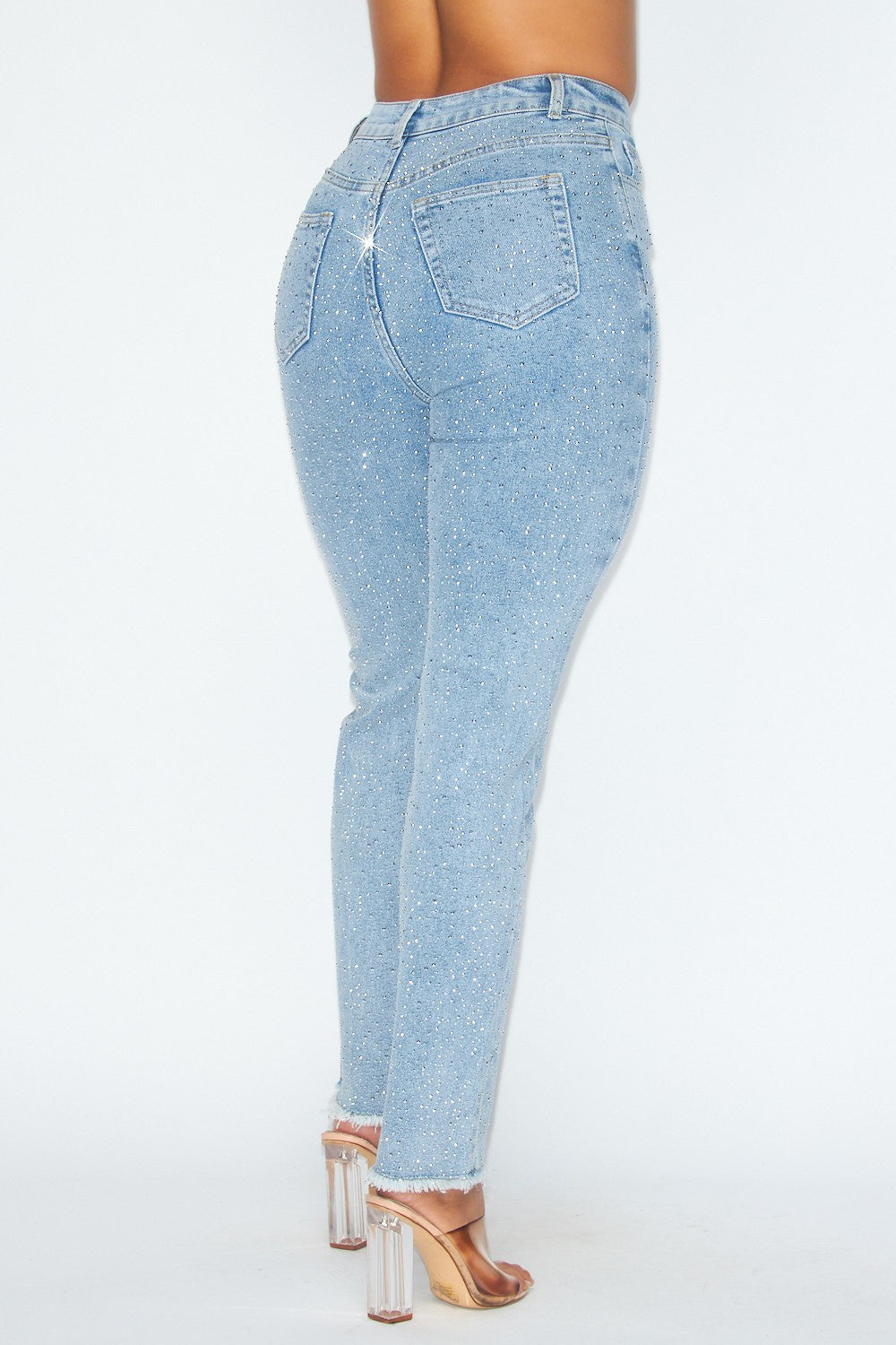 Sparks Rhinestone Distressed High Rise Denim Jeans - Denim