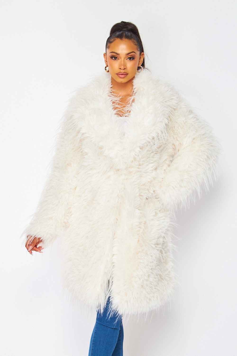 Luna Shaggy Faux Fur Lapel Collar Coat - Ivory