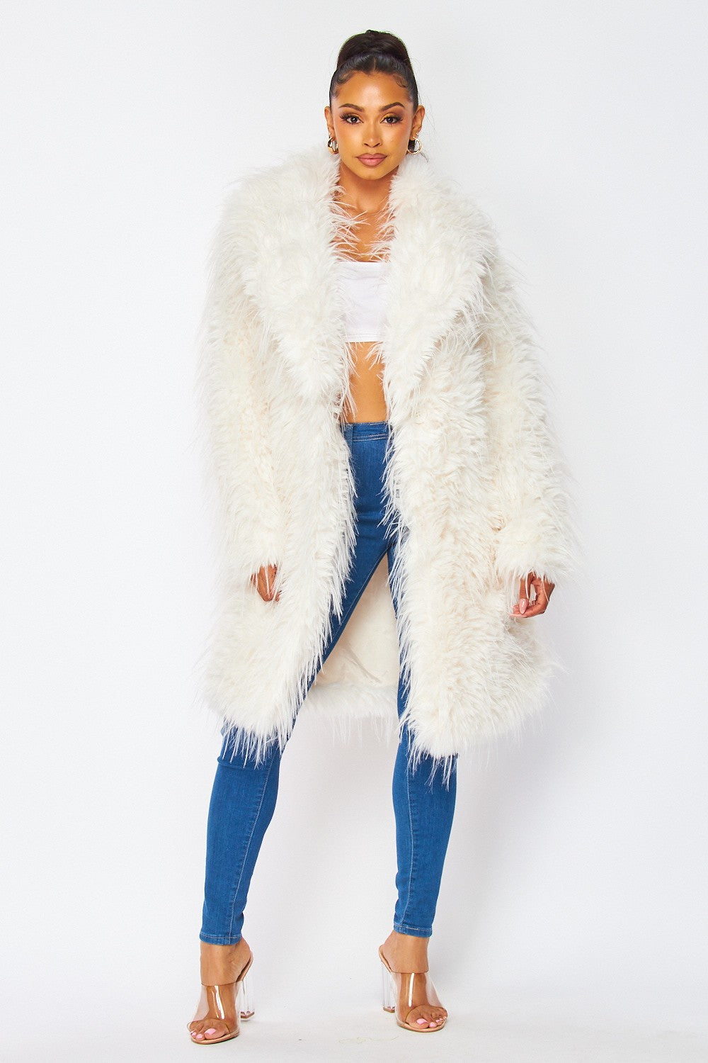 Luna Shaggy Faux Fur Lapel Collar Coat - Ivory