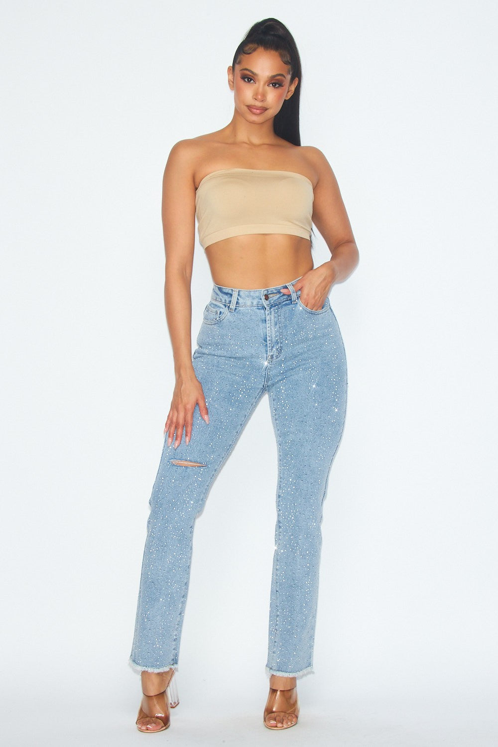 Sparks Rhinestone Distressed High Rise Denim Jeans - Denim