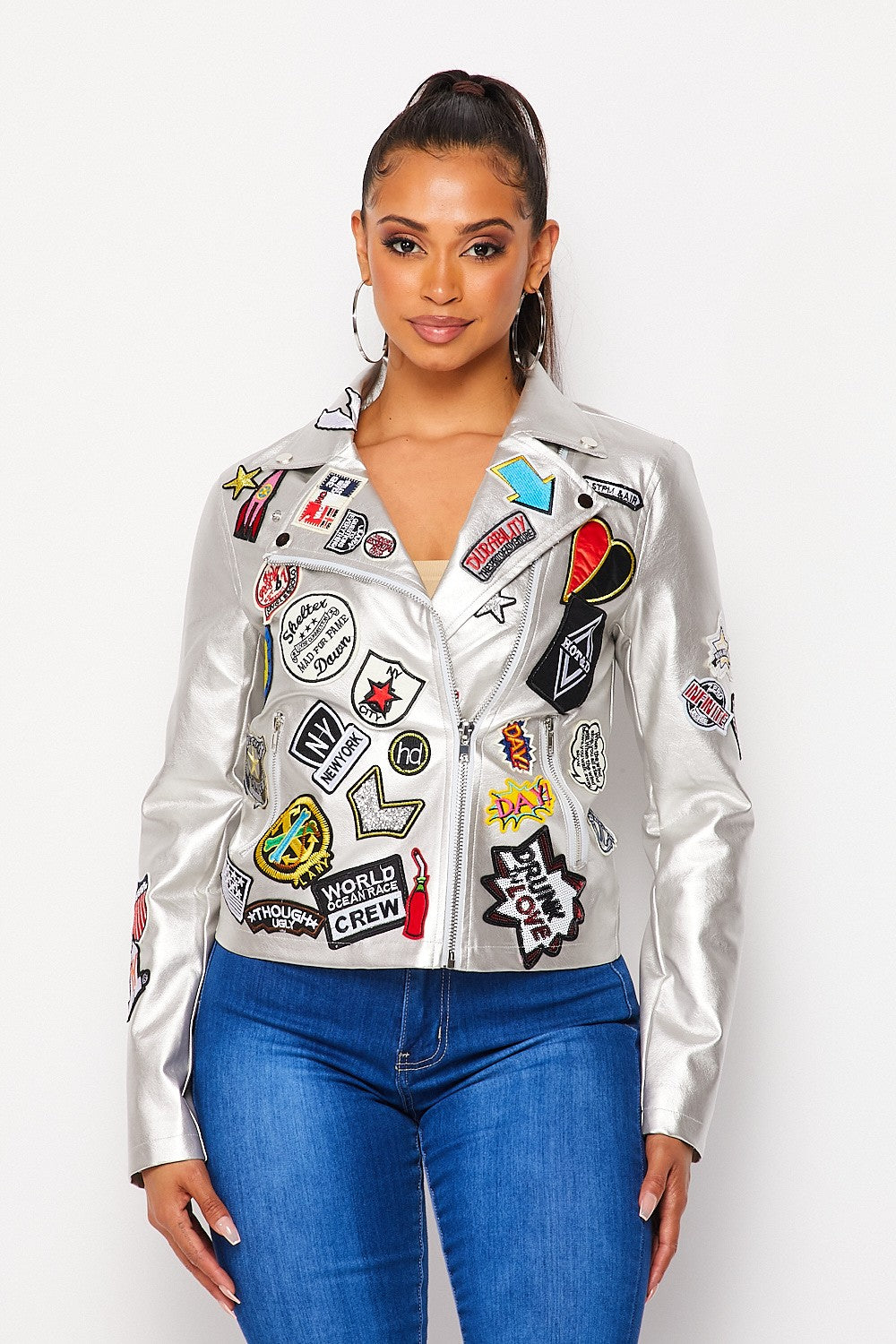 Mad About You Faux Leather Moto Patches Jacket