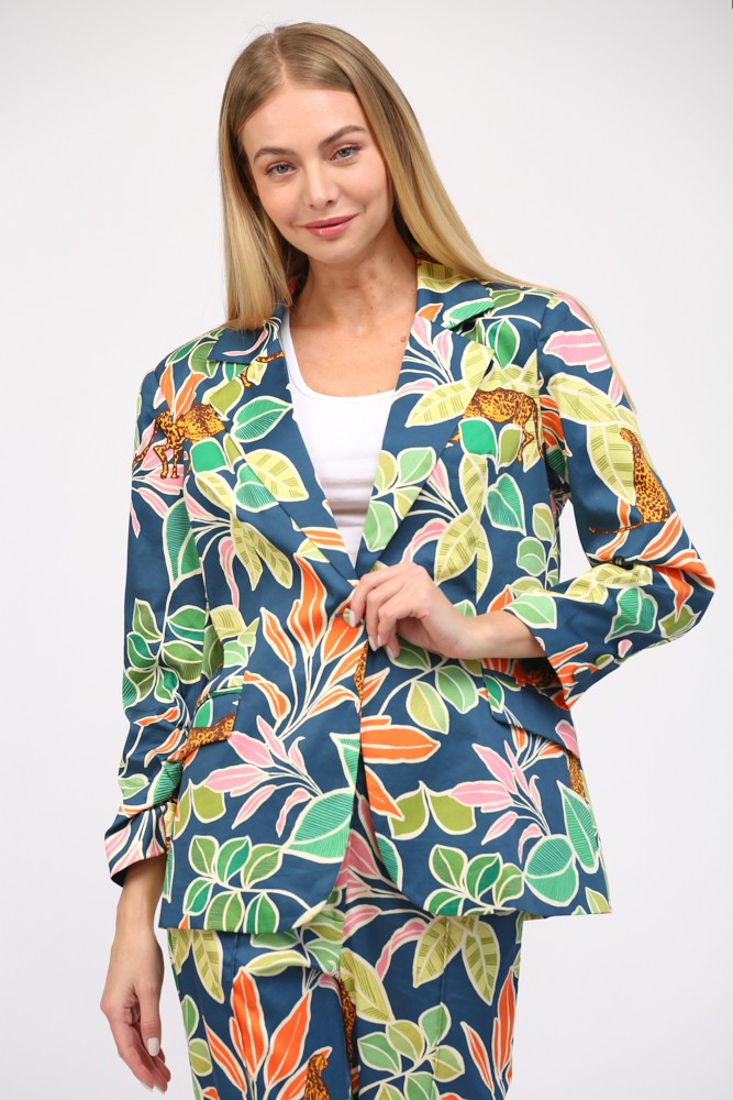 Tropical Print Satin Blazer