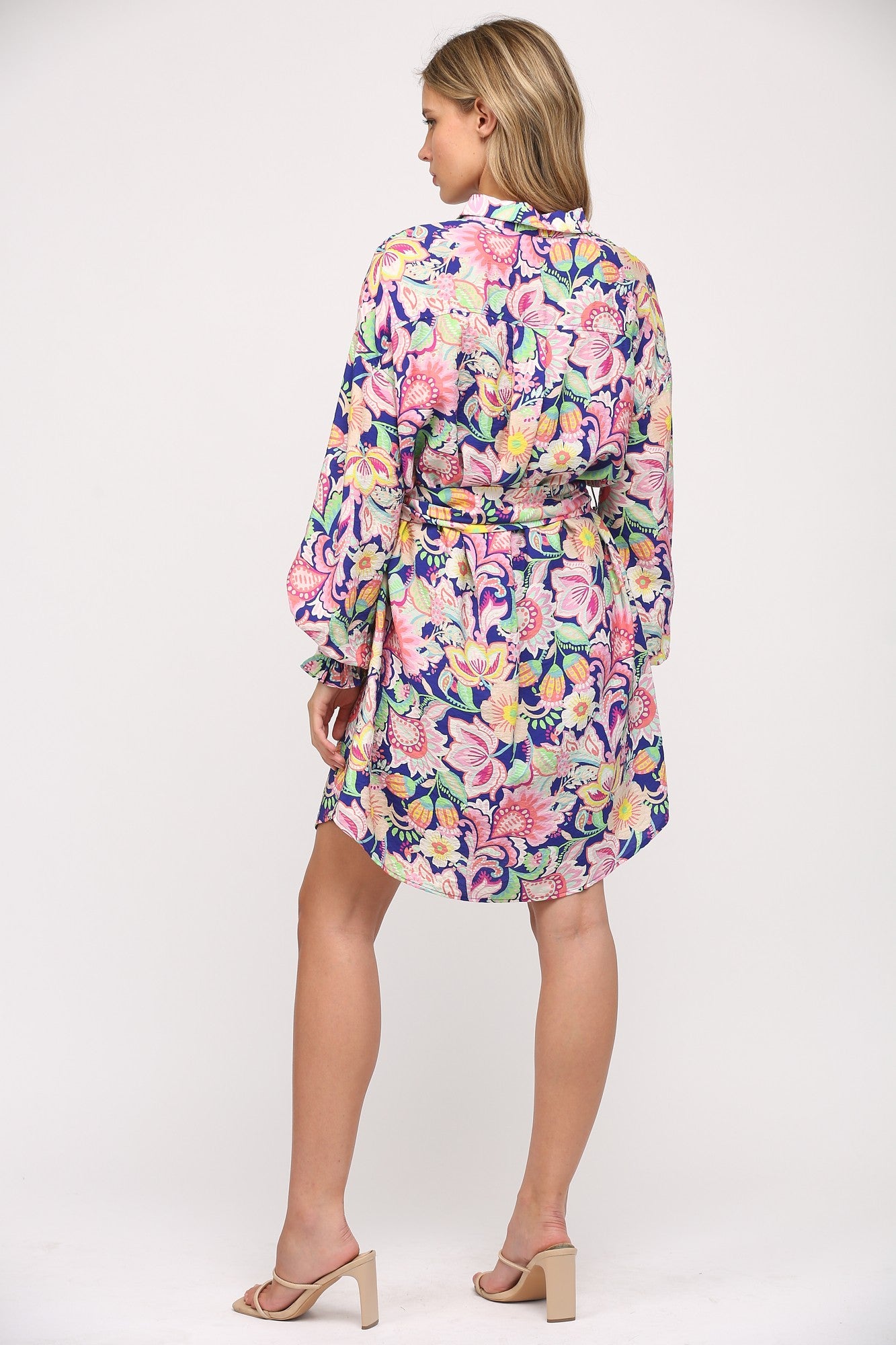 Floral Print Belted Shirt Dress - Blue Multi