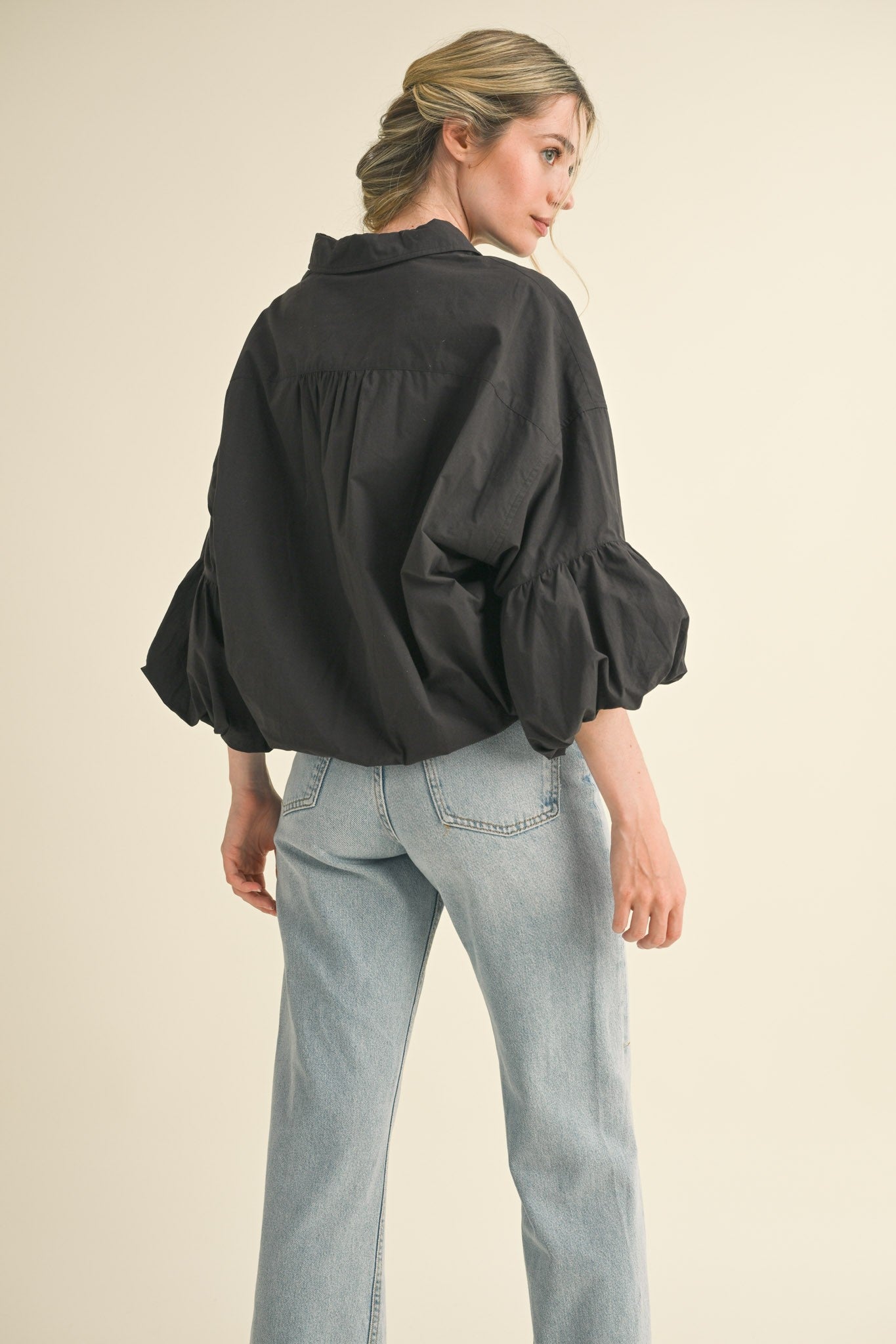 Button Down Bubble Sleeve Top - Black