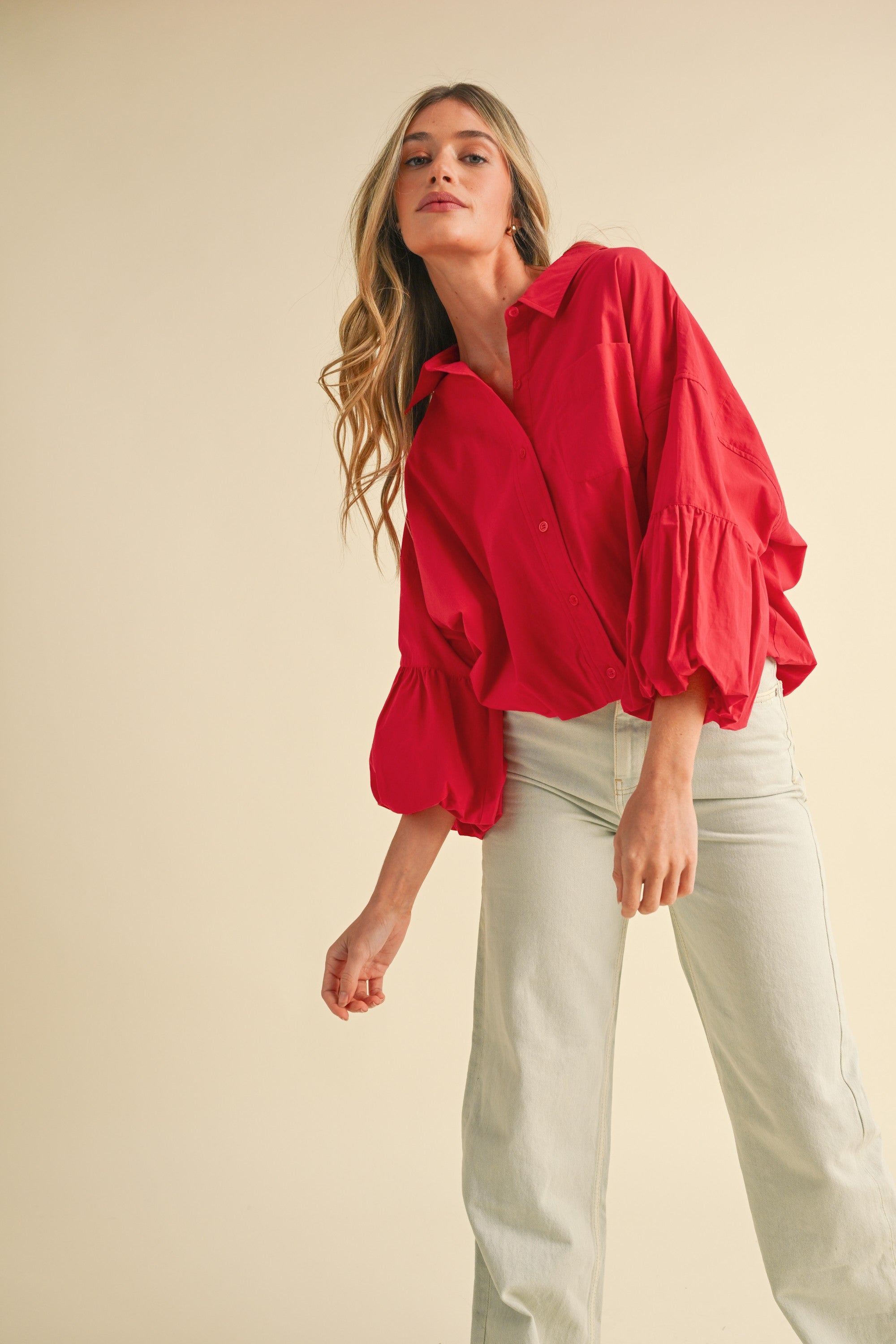 Button Down Bubble Sleeve Top - Berry Red
