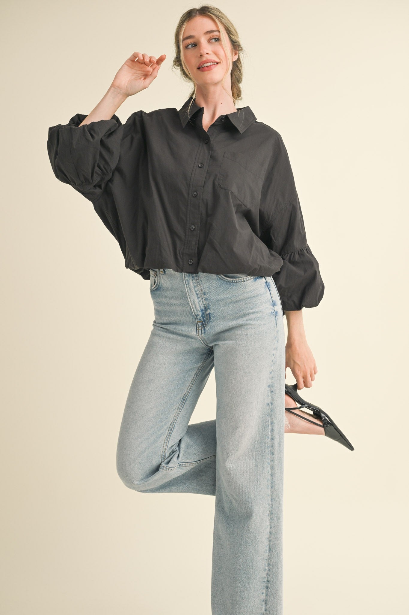 Button Down Bubble Sleeve Top - Black