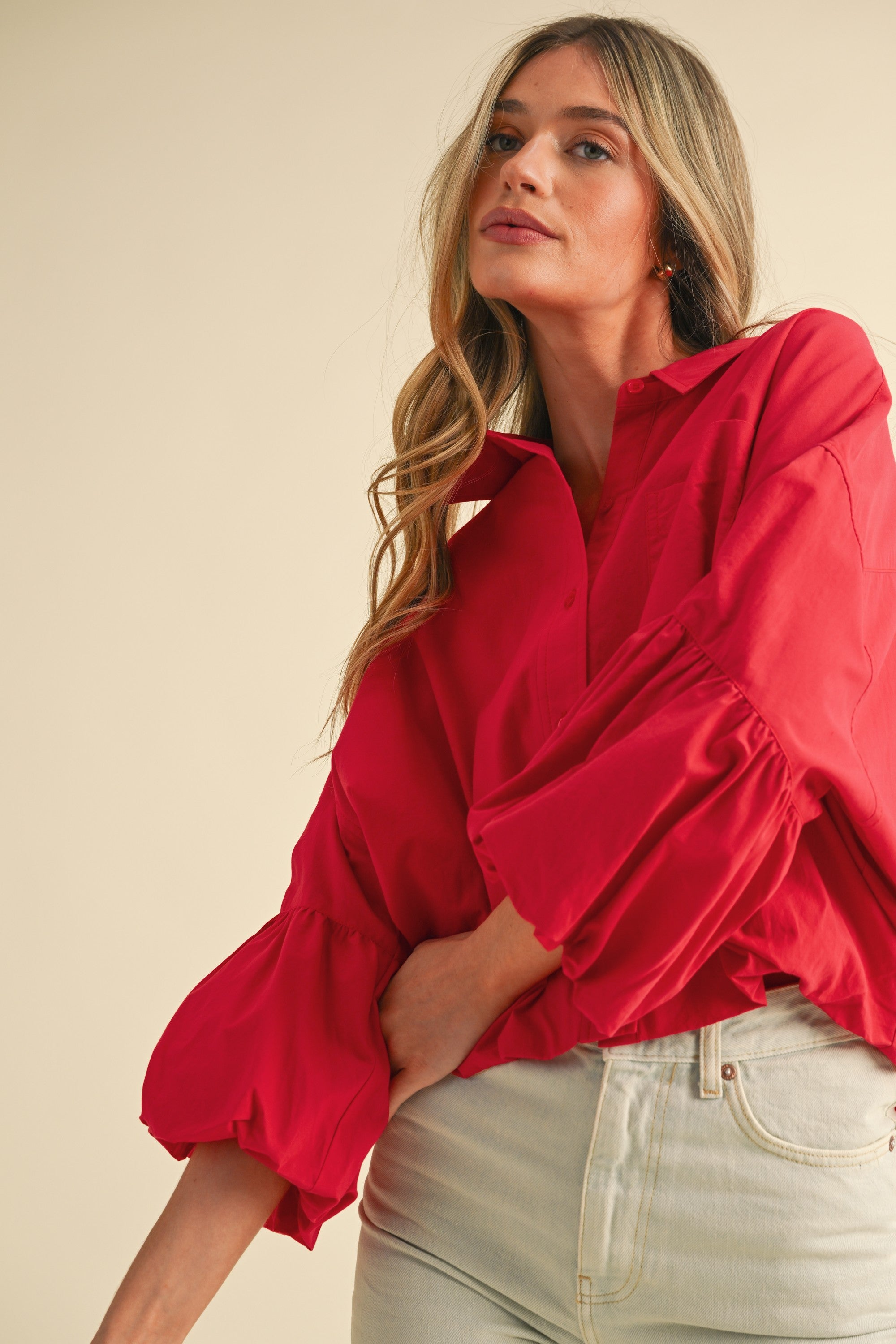 Button Down Bubble Sleeve Top - Berry Red