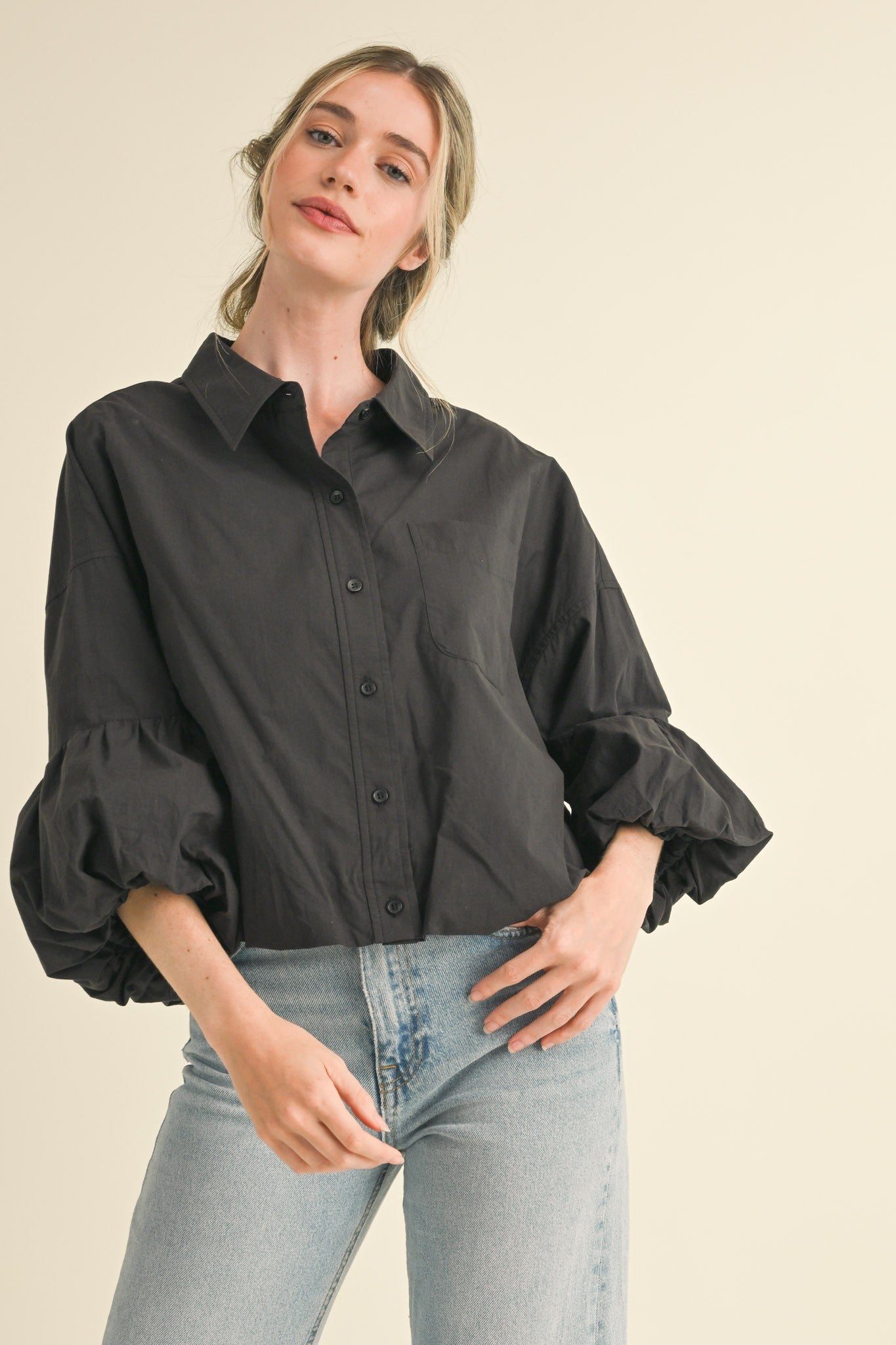 Button Down Bubble Sleeve Top - Black