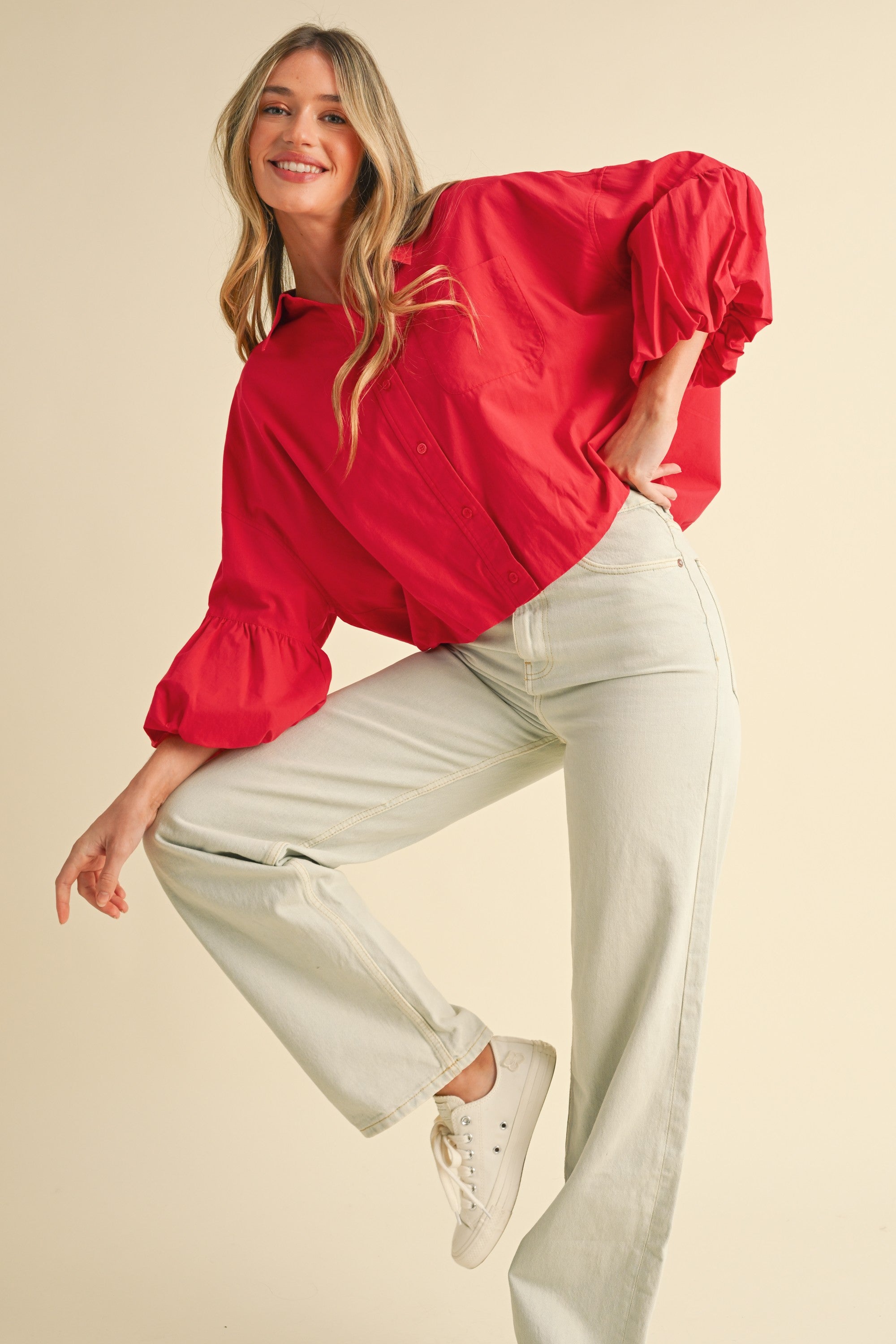 Button Down Bubble Sleeve Top - Berry Red