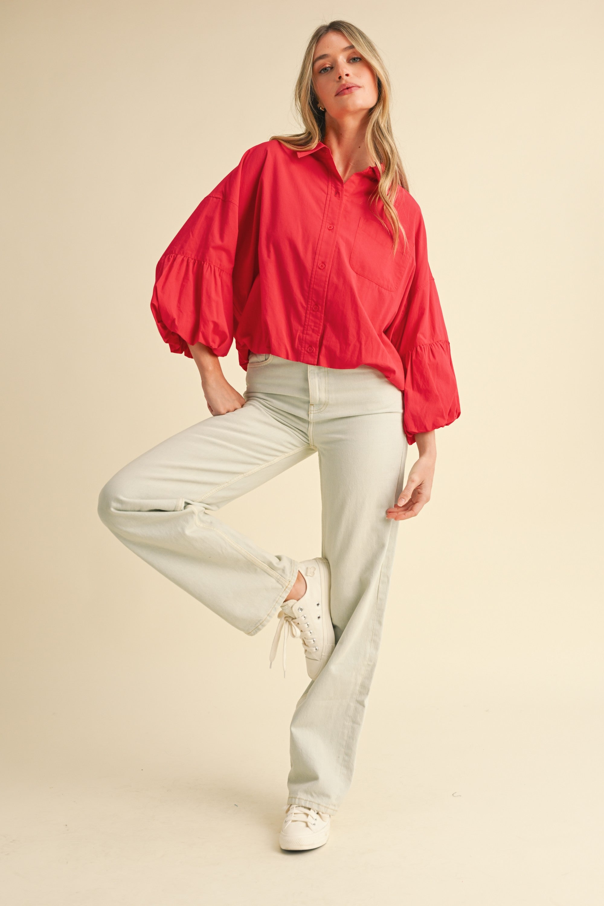Button Down Bubble Sleeve Top - Berry Red