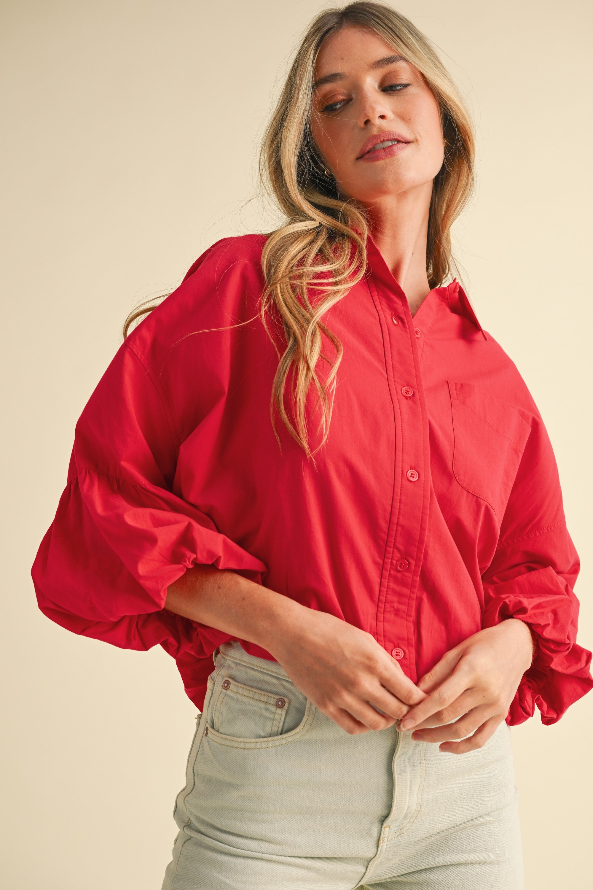 Button Down Bubble Sleeve Top - Berry Red