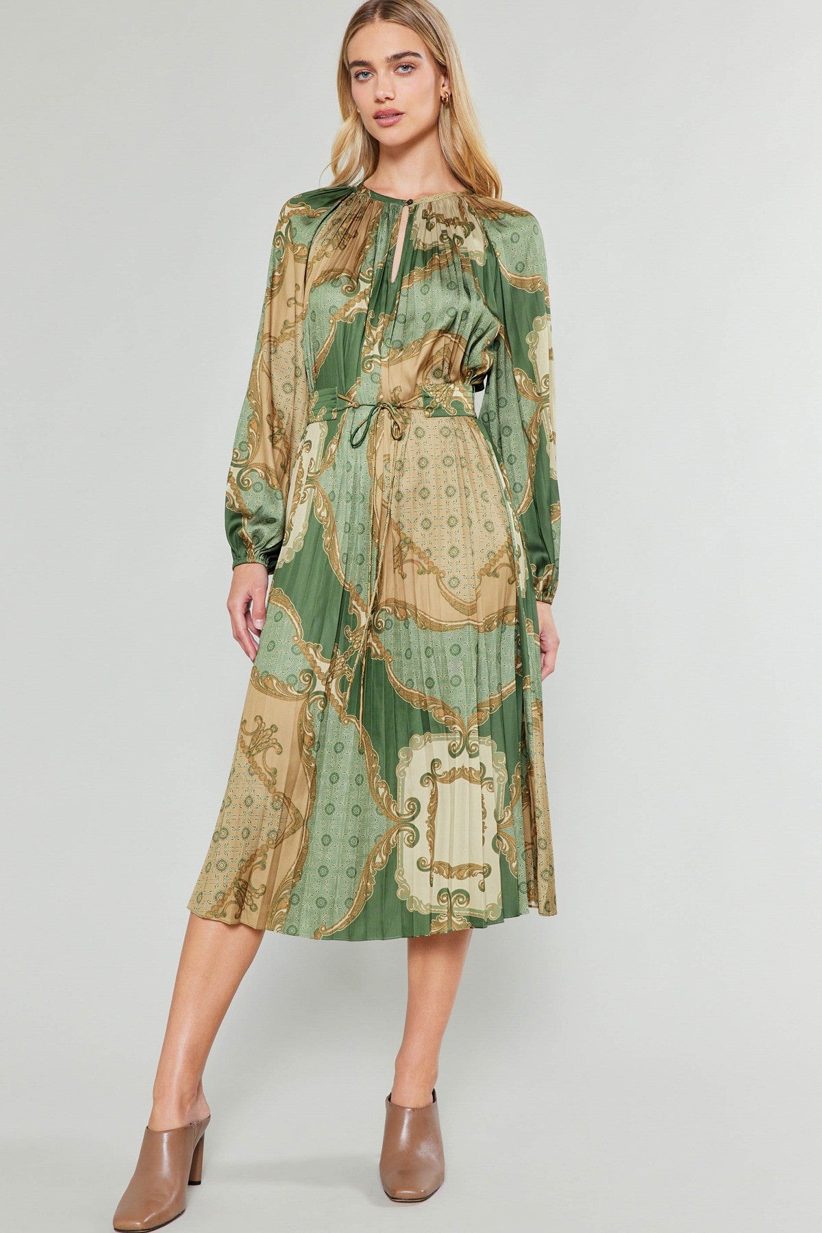 Tuscan Olive Pleated Dress