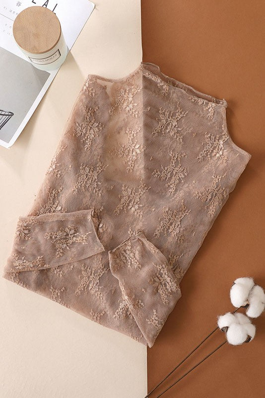 Sheer Lace High-Neck Top - Coffee