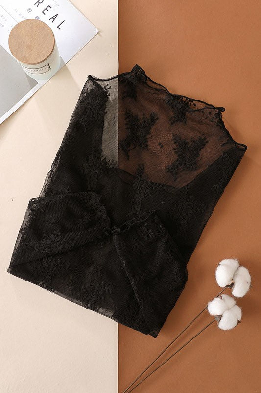 Sheer Lace High-Neck Top - Black