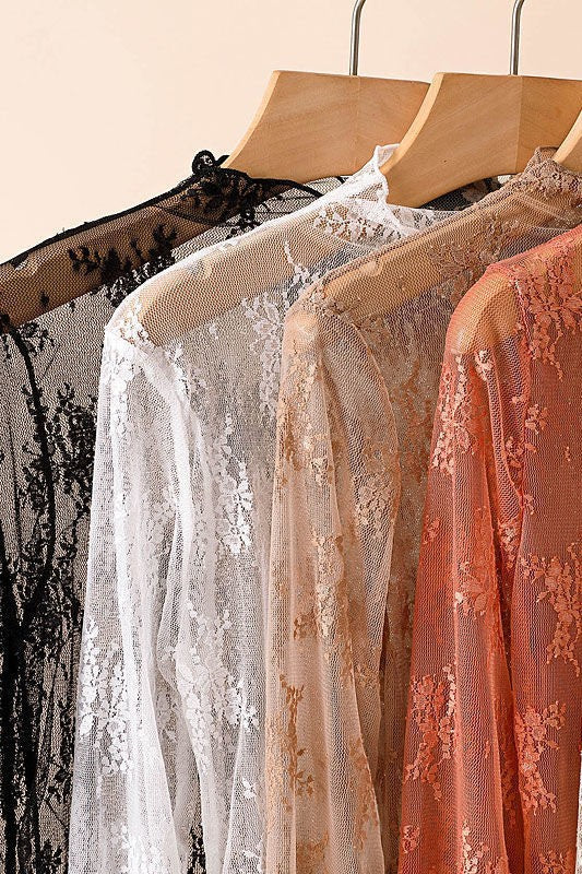 Sheer Lace High-Neck Top - Coffee