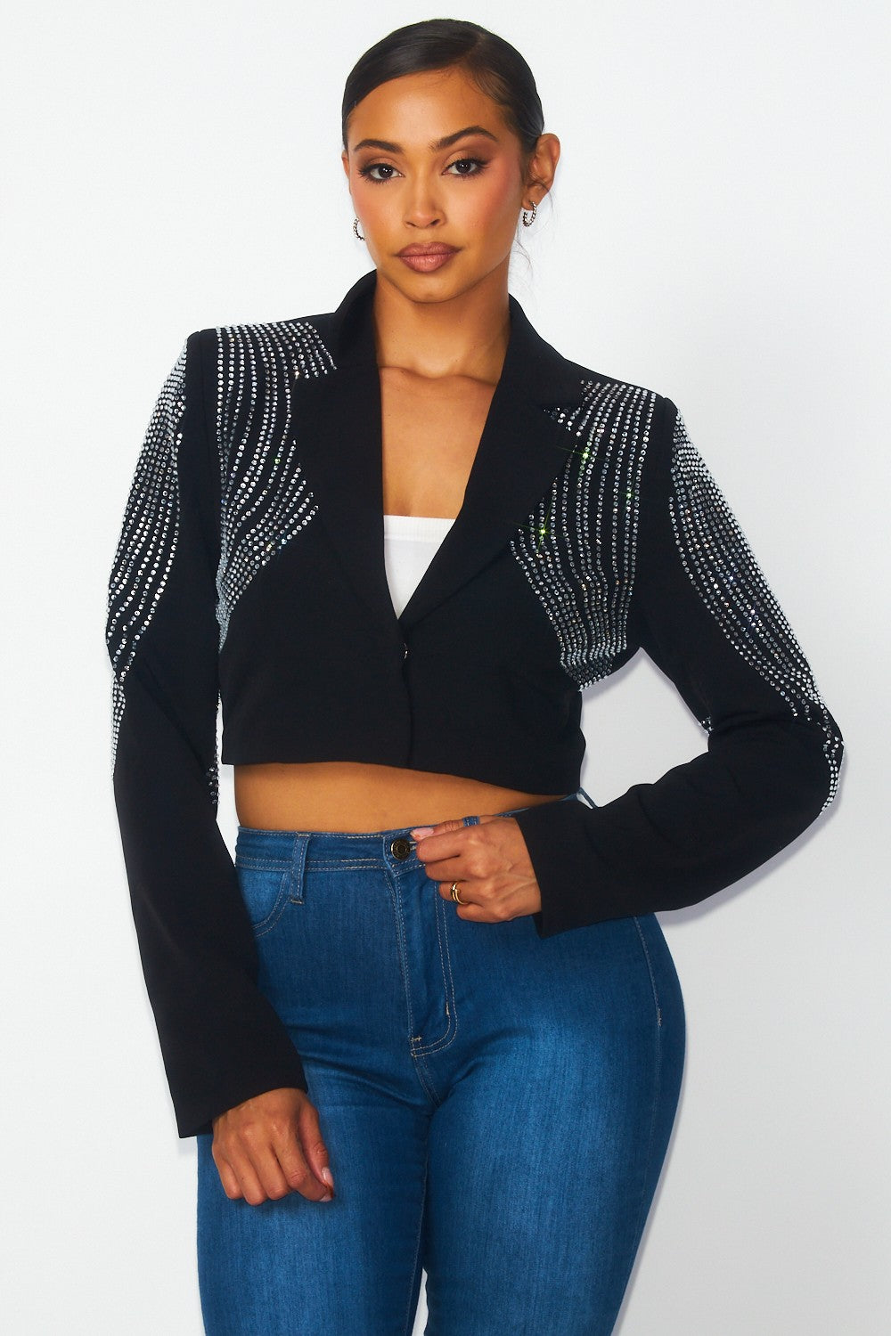 Rhinestone Cropped Blazer - Black