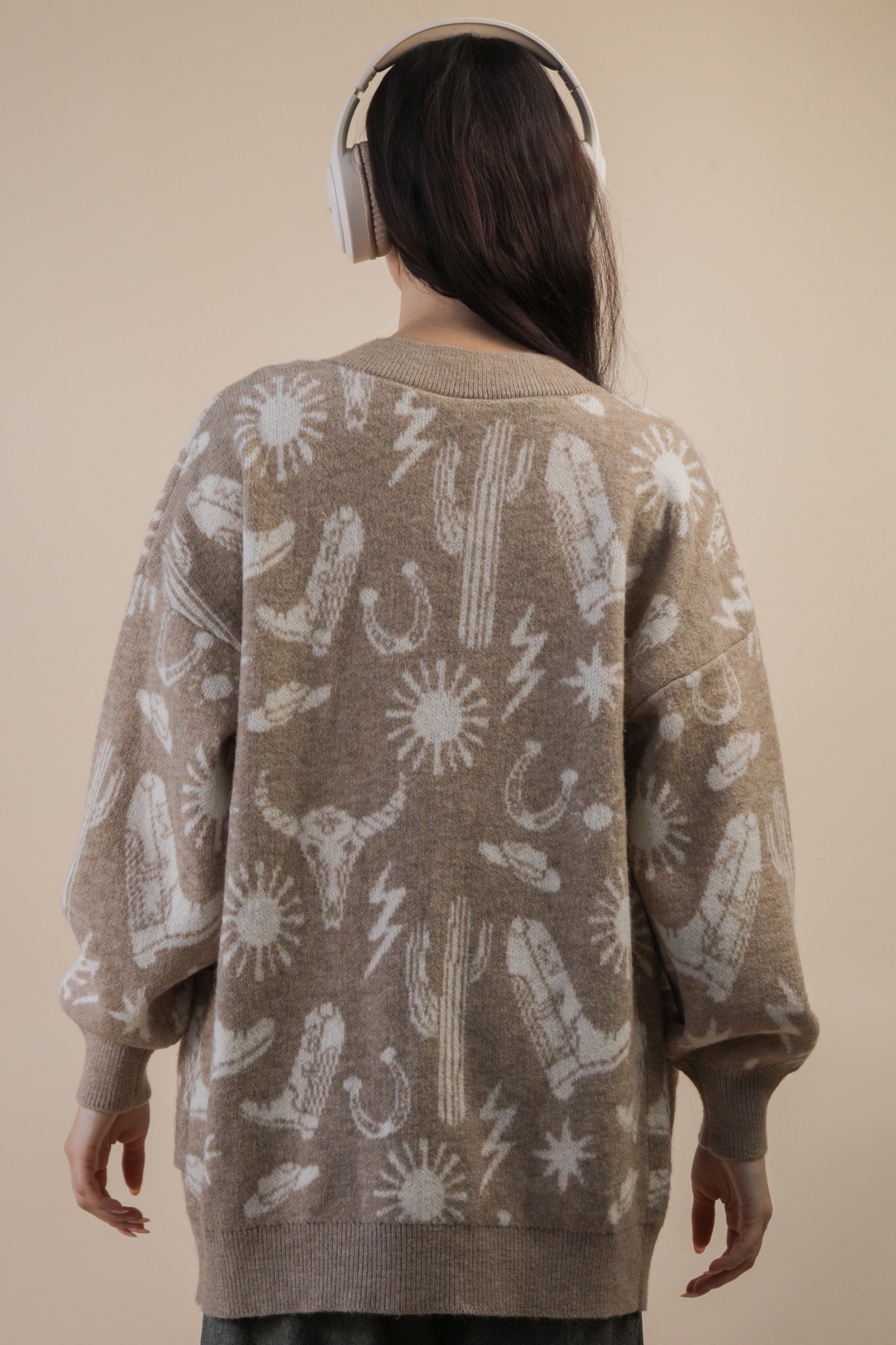 Oversized Western Graphic Knit Cardigan - Mocha