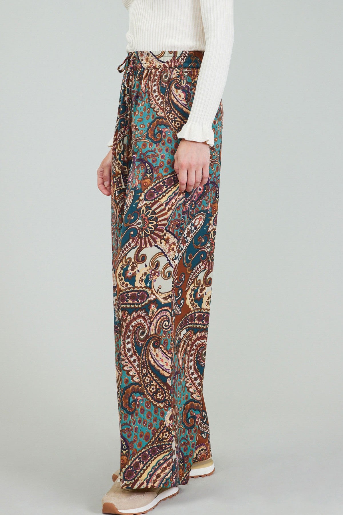 Paisley Printed Wide Leg Pants - Brown