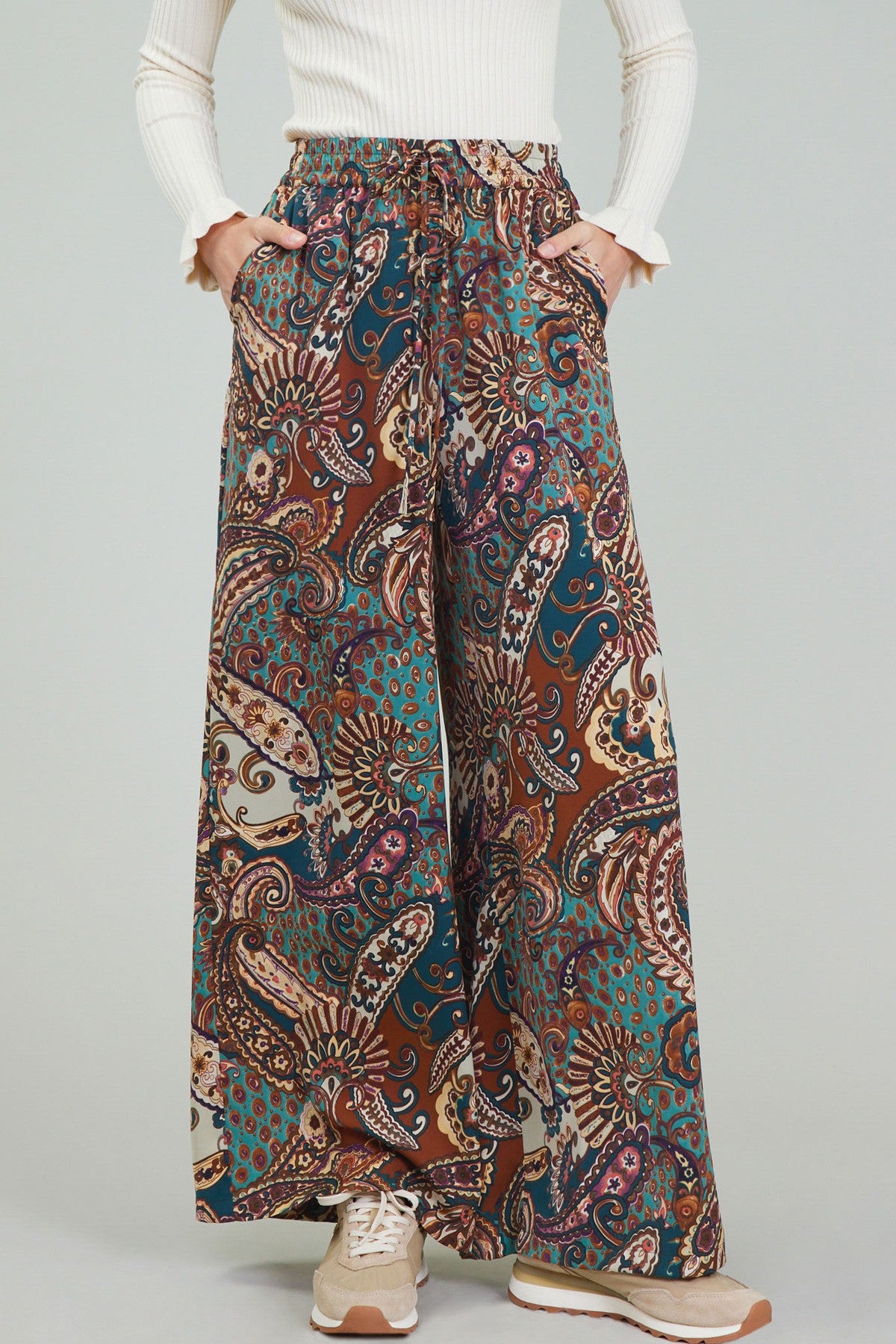 Paisley Printed Wide Leg Pants - Brown