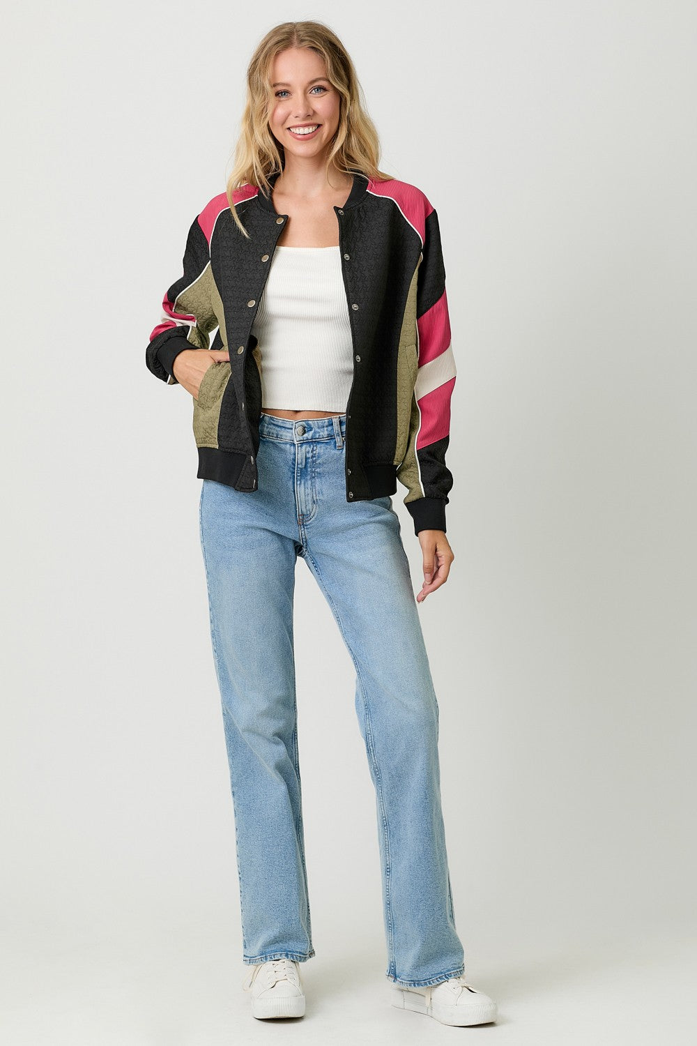 Color Blocked Bomber Jacket - Black