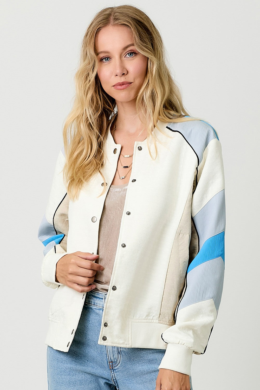 Color Blocked Bomber Jacket - White