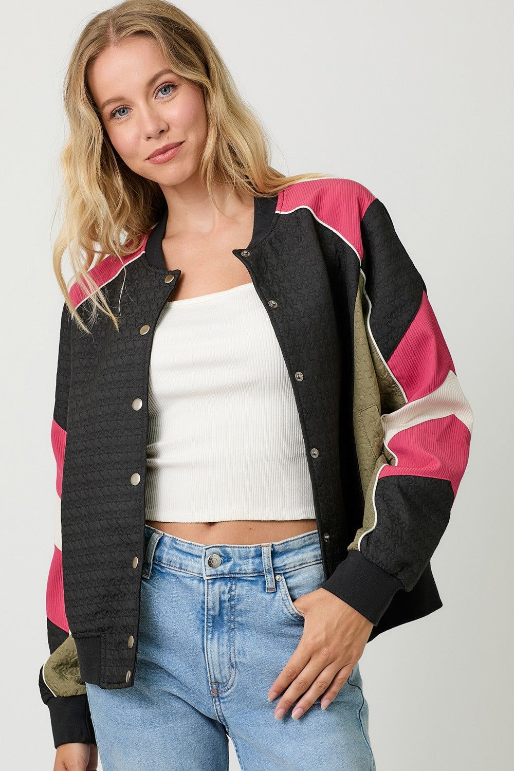 Color Blocked Bomber Jacket - Black