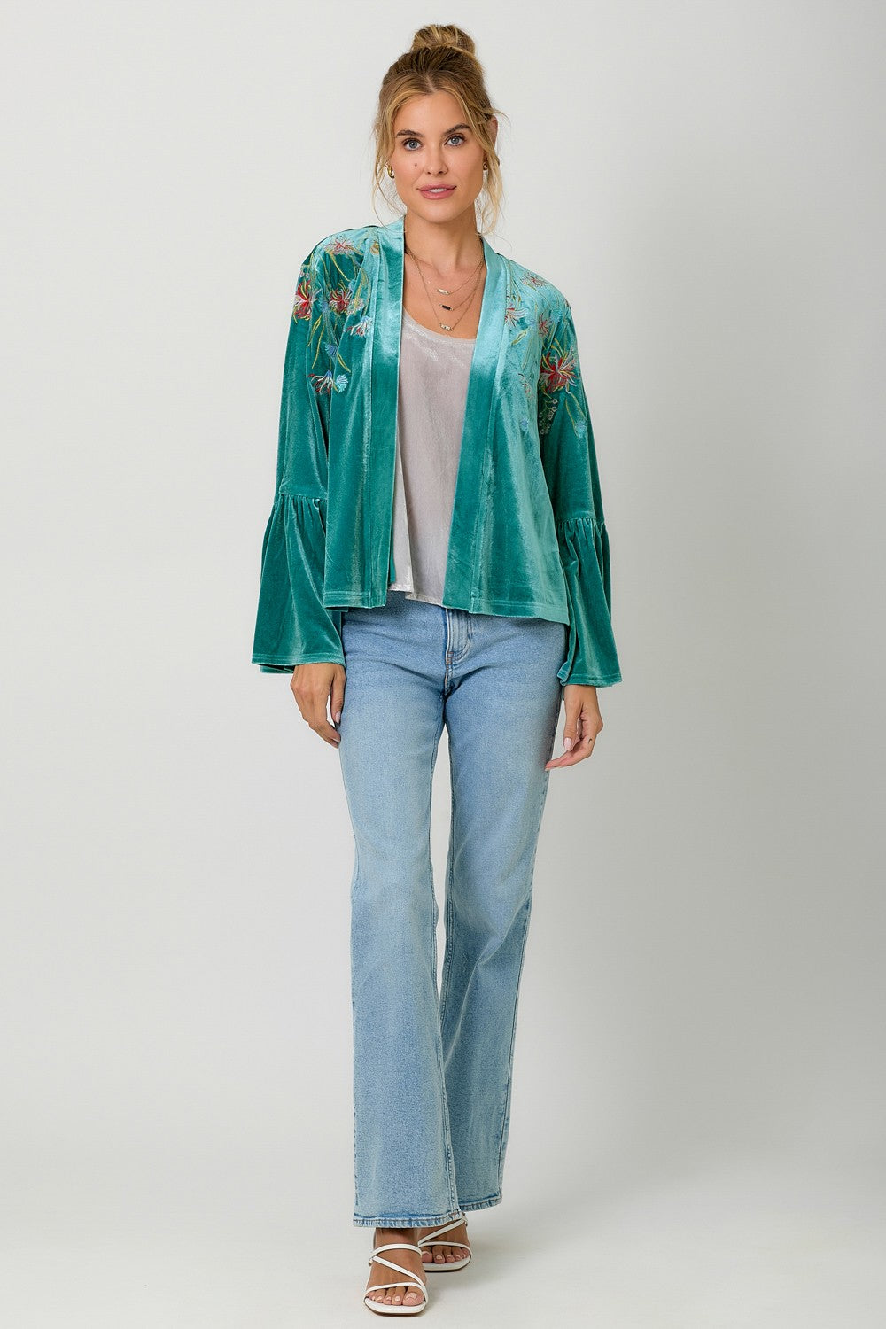 Embroidery Velvet Kimono - Emerald