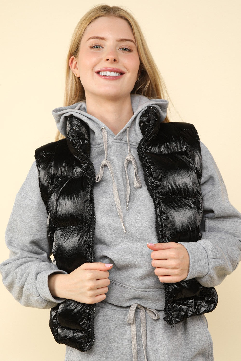 Shiny Metallic Zip Up Puffer Vest - Black