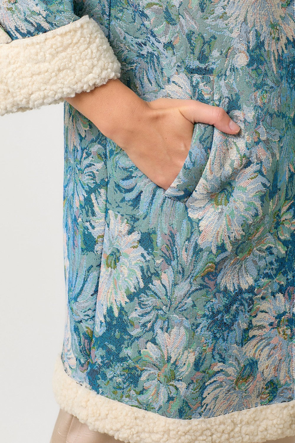 Floral Hoodie Shearing Coat - Seafoam/Blue