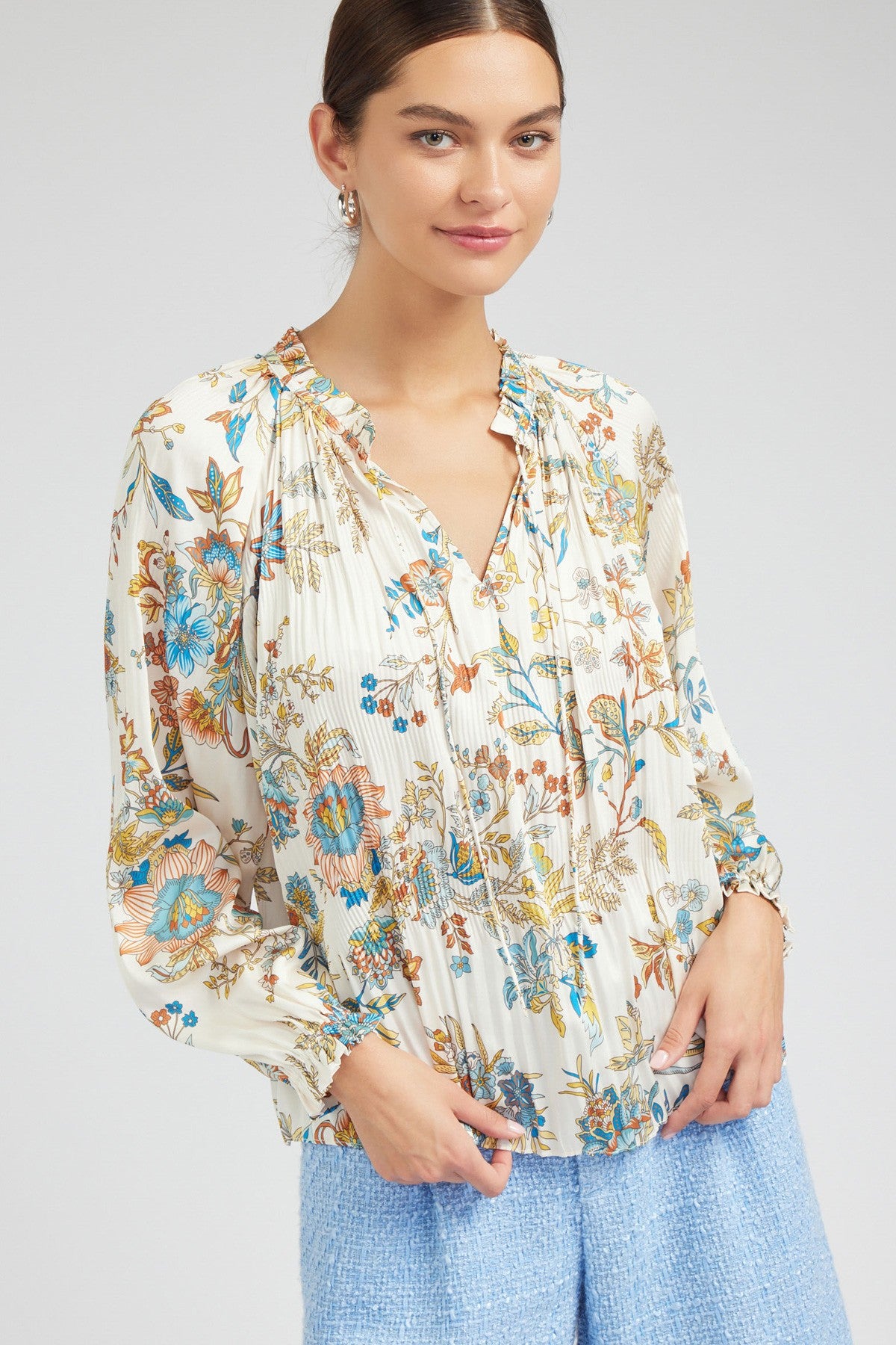 Floral Ruffled Split Neck Blouse