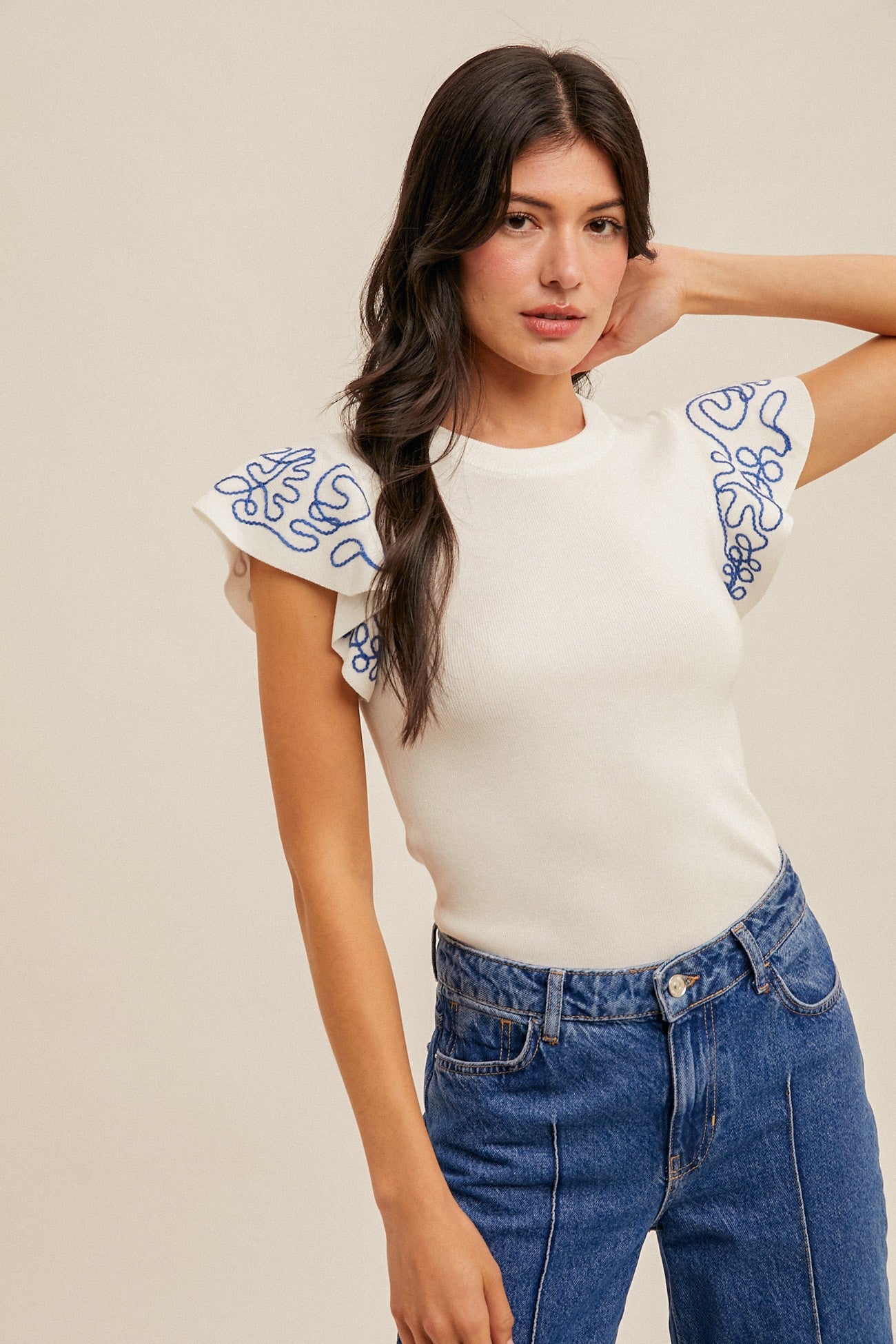 Embroidered Ruffle Sleeve Top