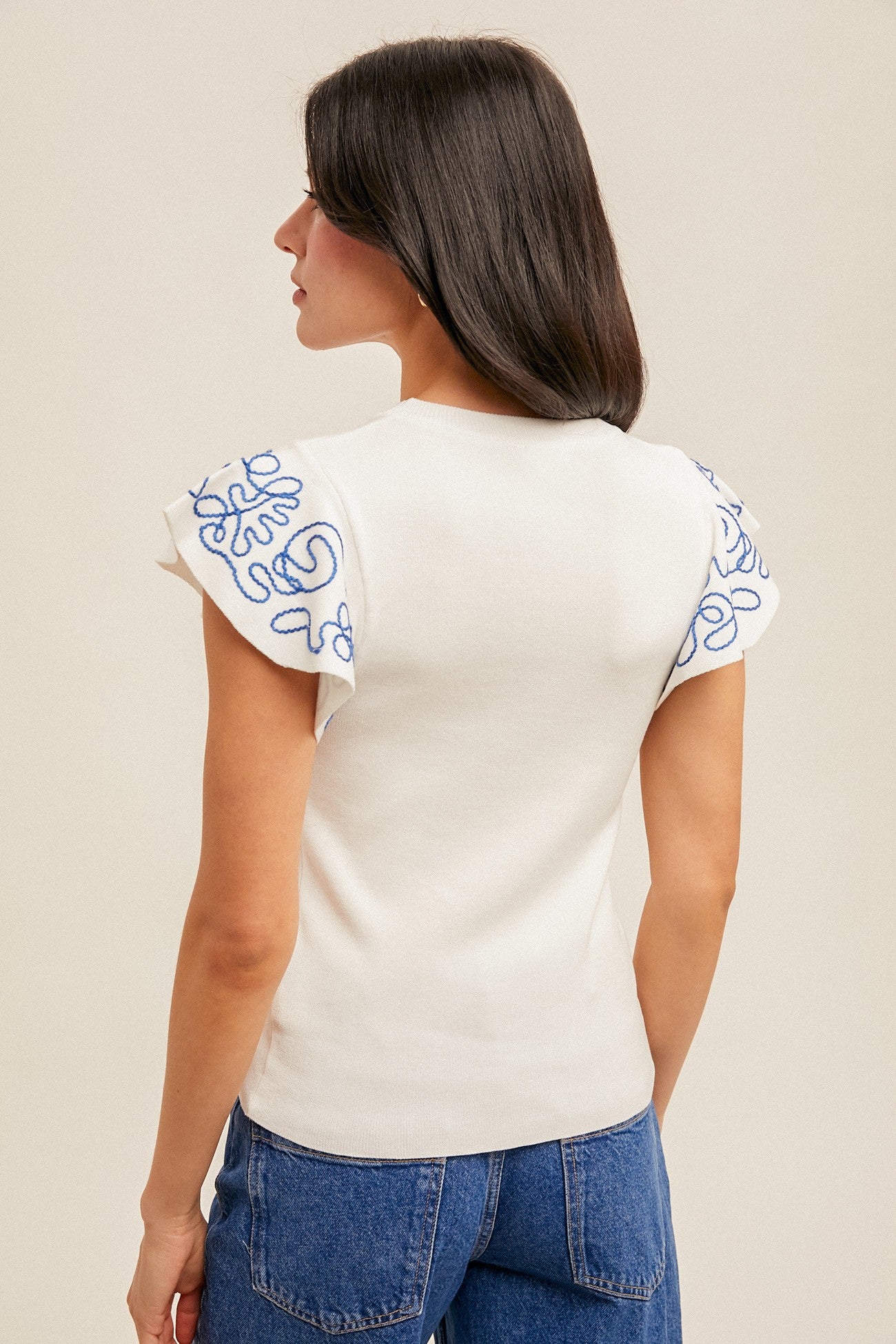 Embroidered Ruffle Sleeve Top