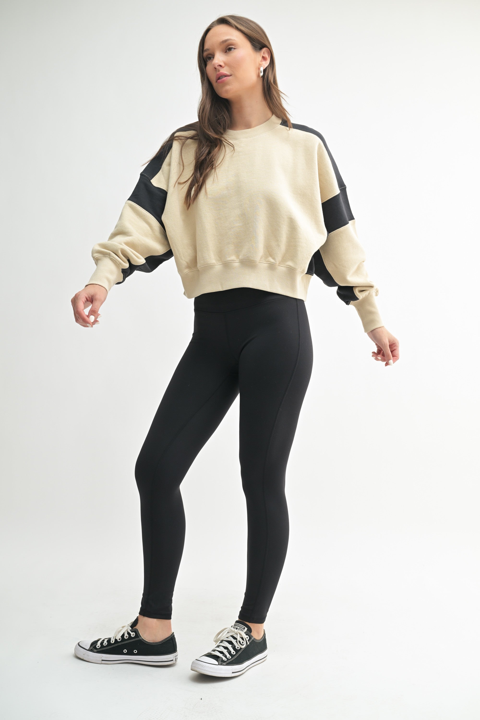 Edgy Color Block Cropped Sweatshirt - Bone & Black