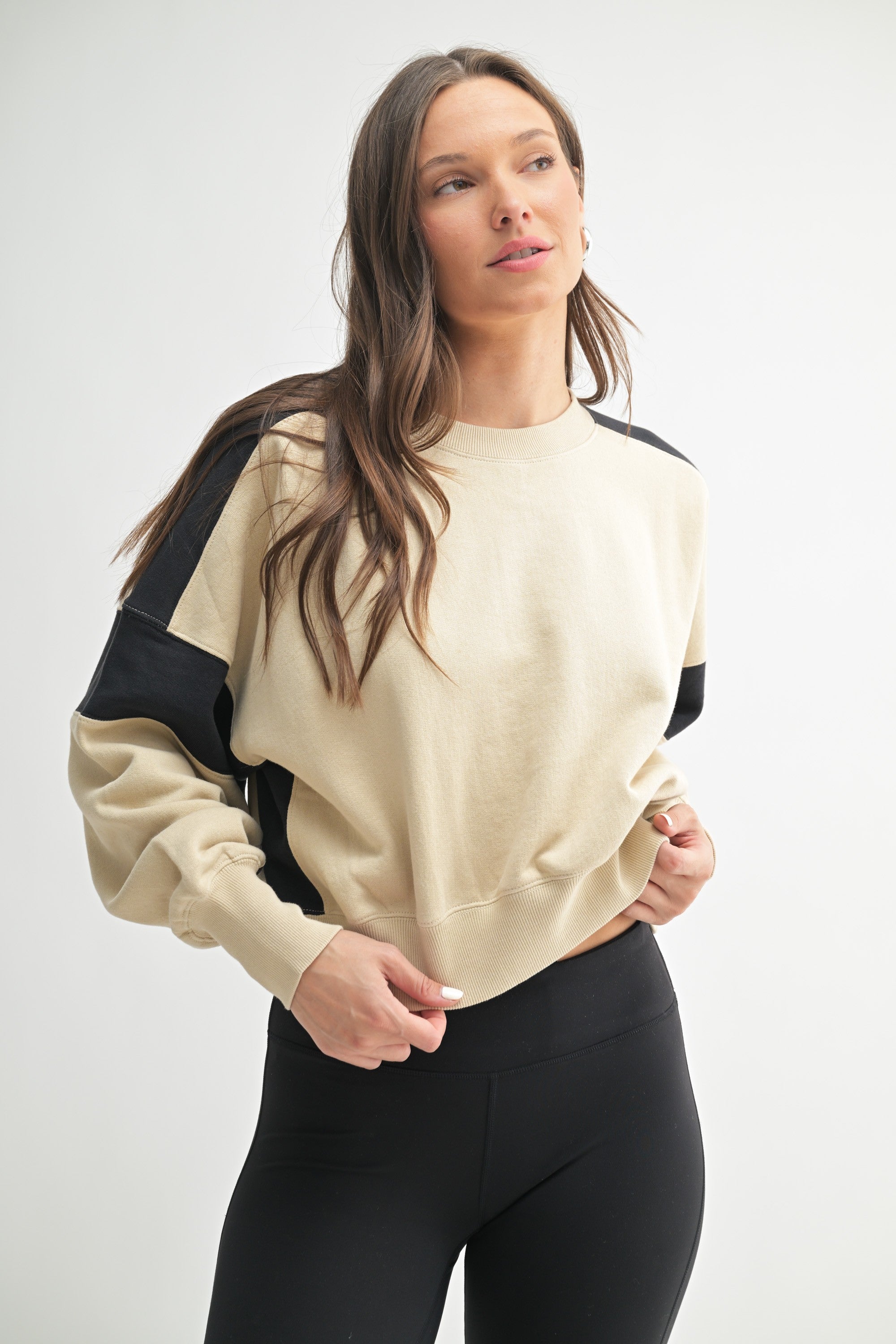 Edgy Color Block Cropped Sweatshirt - Bone & Black