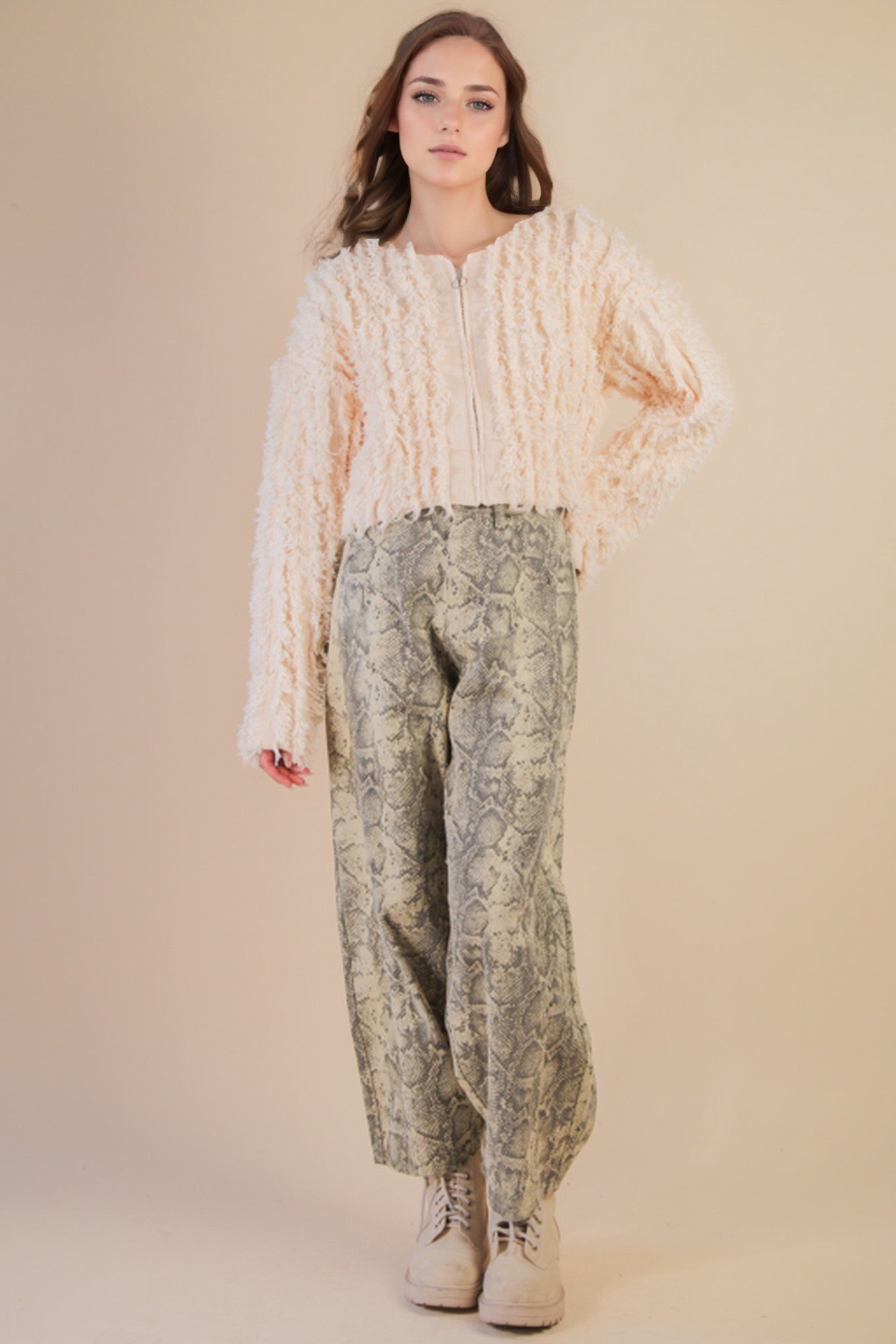 Snack & Cow Barrel Pants - Beige Snake