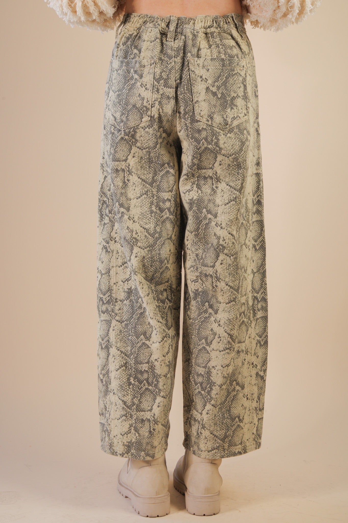 Snack & Cow Barrel Pants - Beige Snake