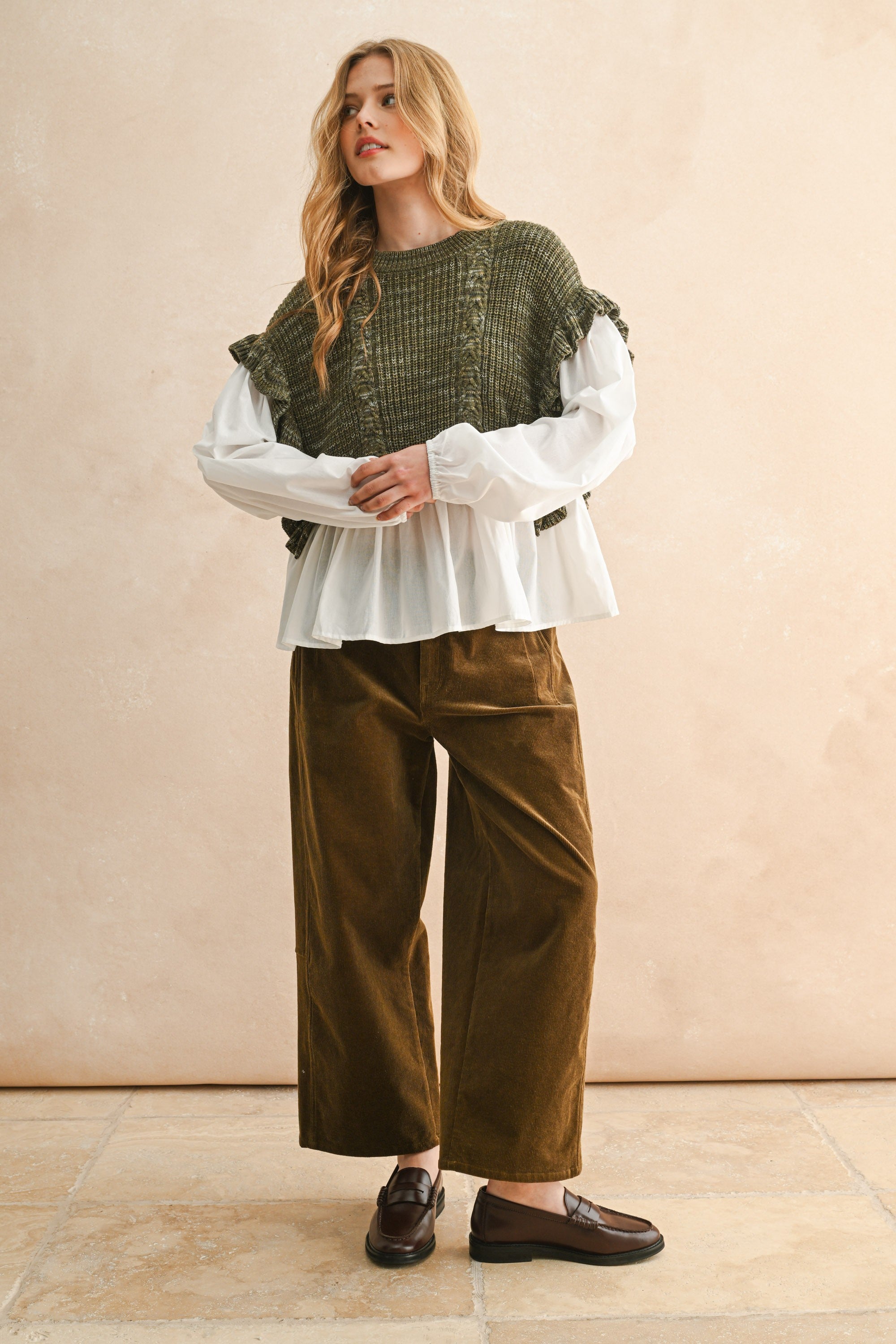 Sweat Combo Long Sleeve Blouse - Olive