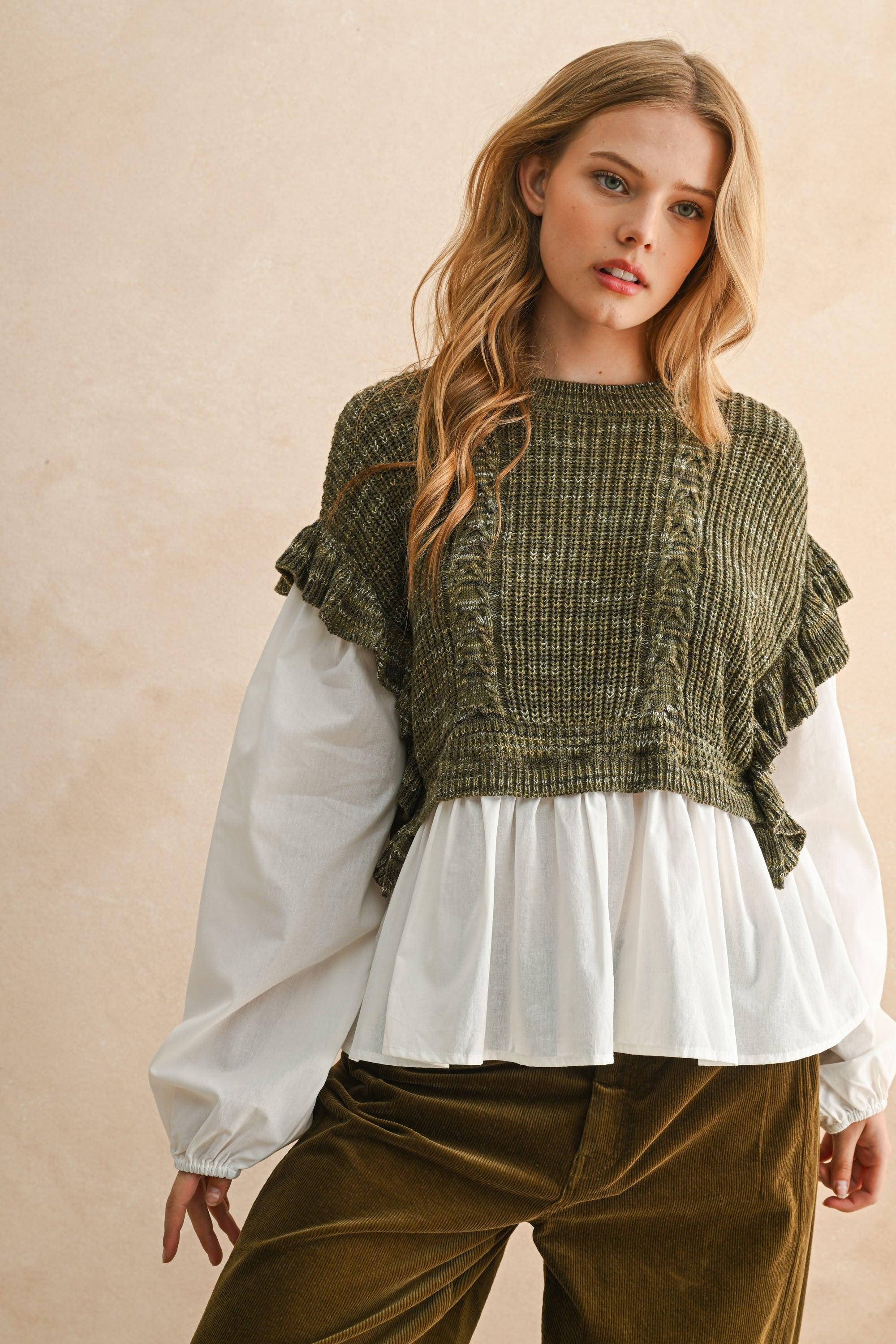 Sweat Combo Long Sleeve Blouse - Olive