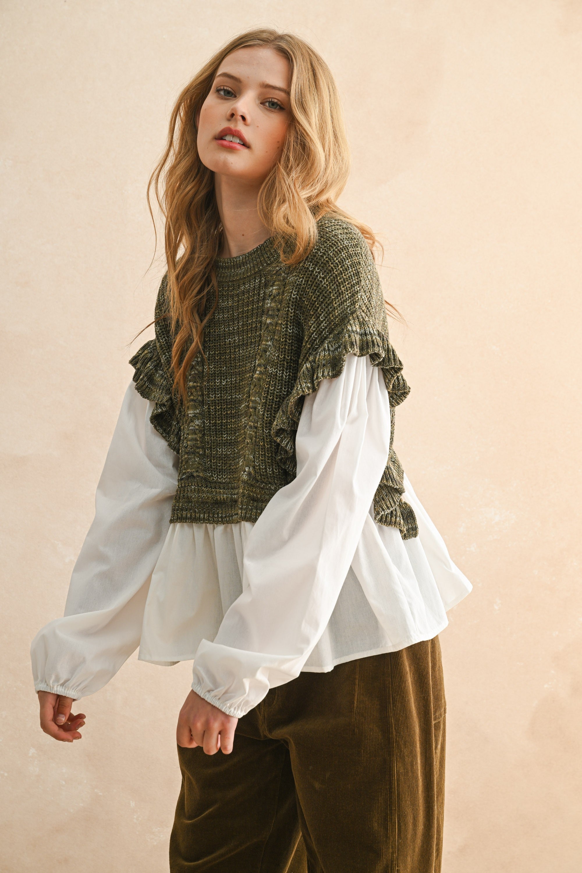 Sweat Combo Long Sleeve Blouse - Olive