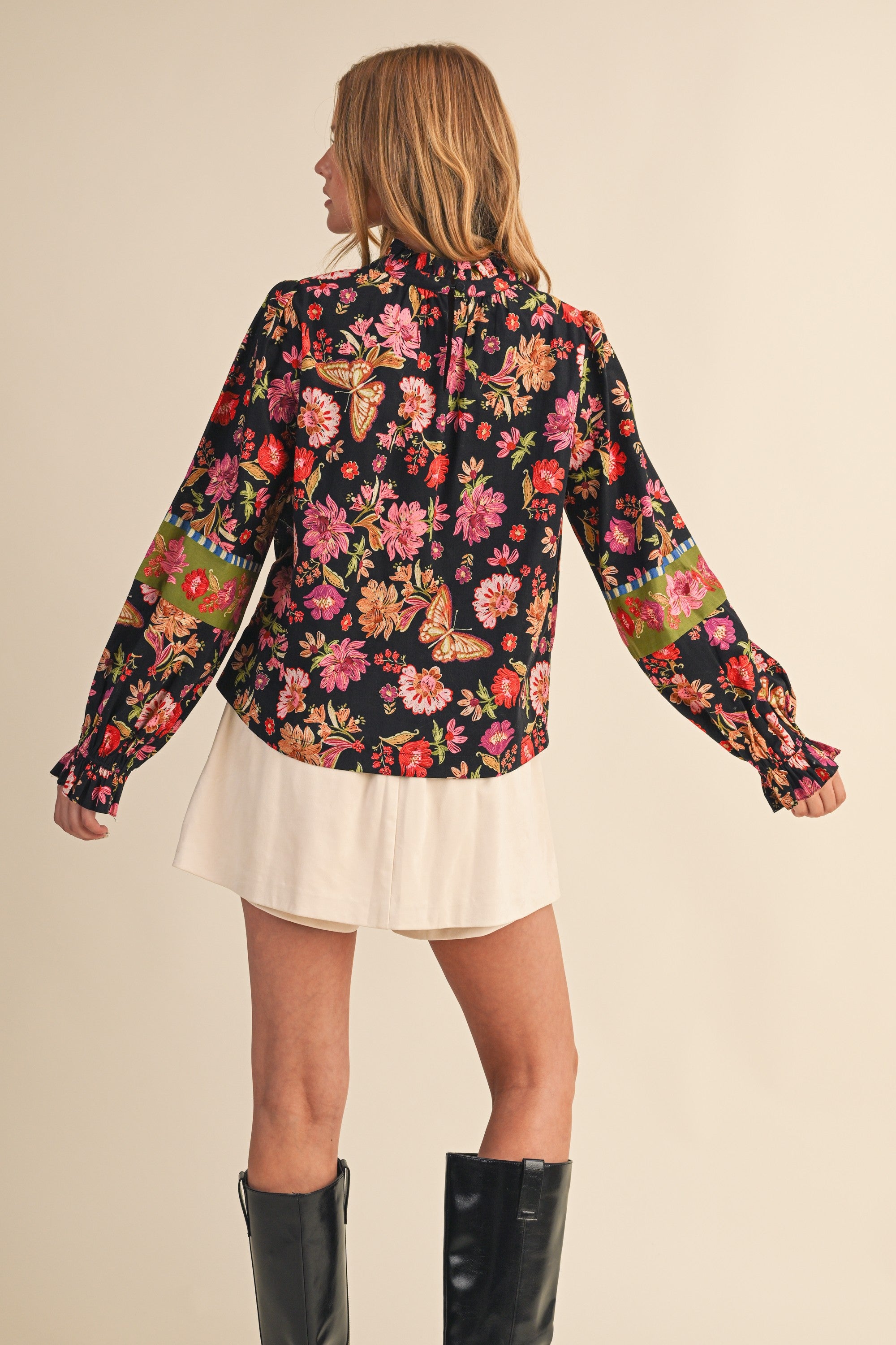 Floral Border Top - Black