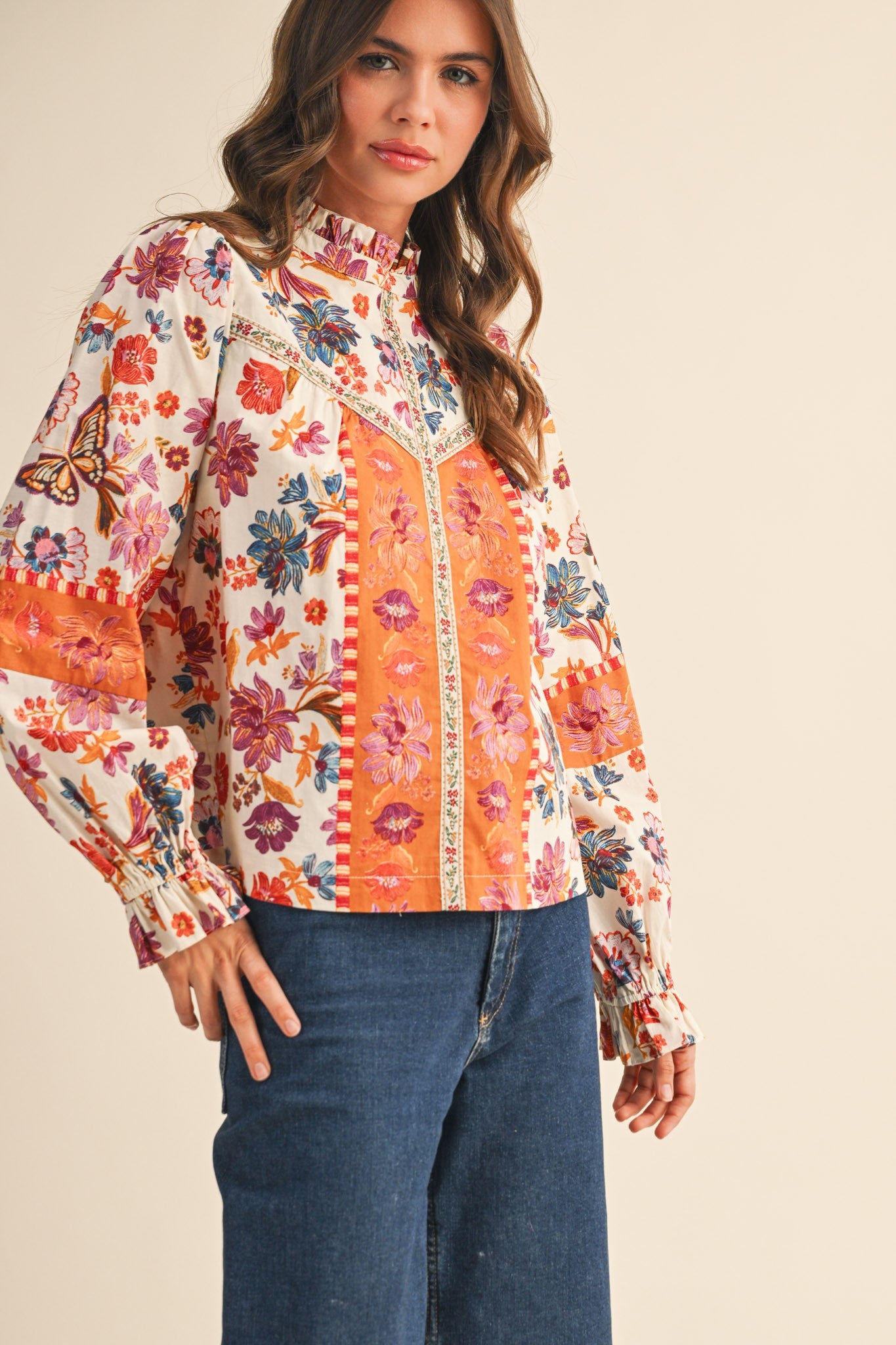 Floral Border Top - Ivory