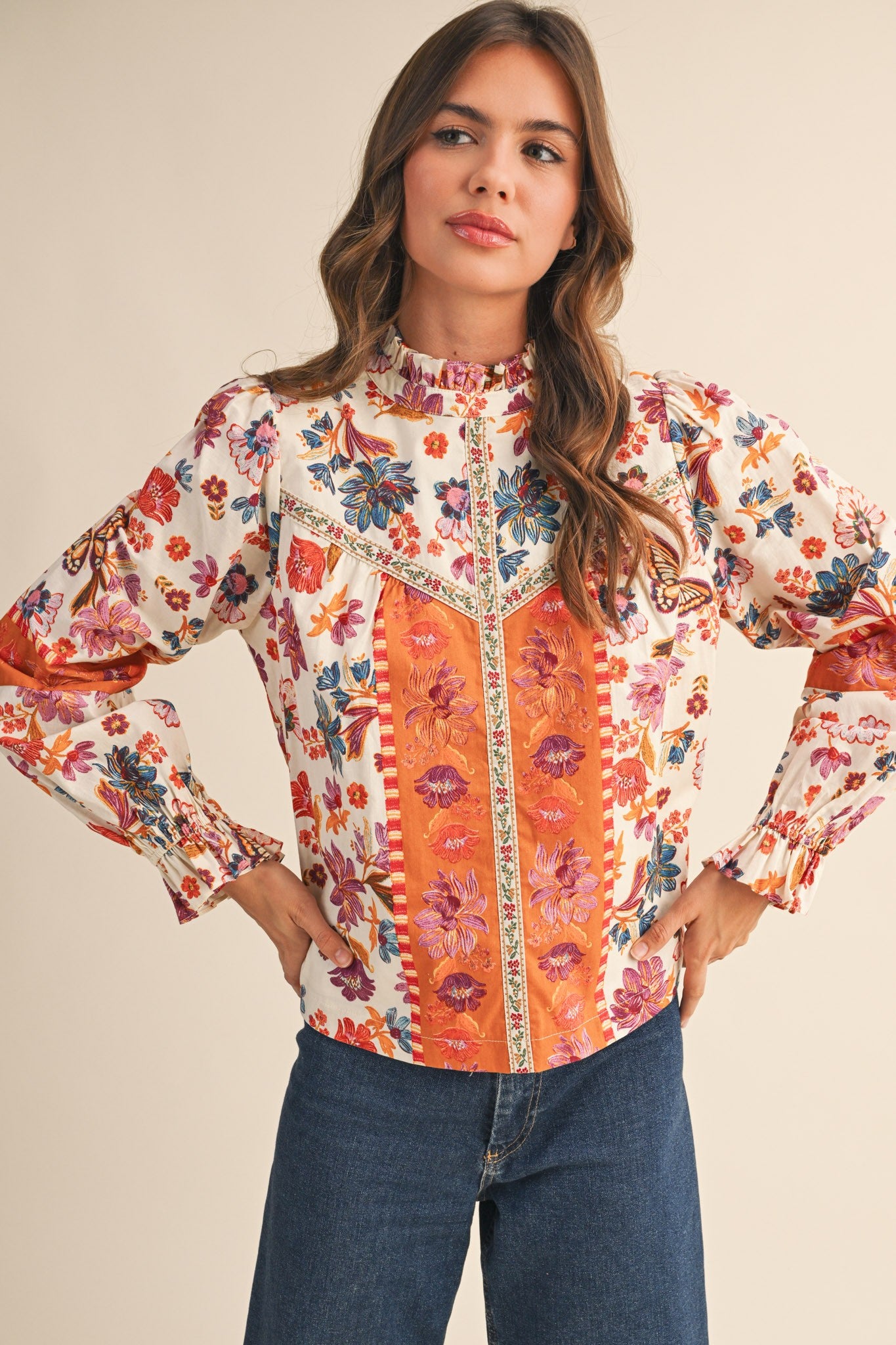 Floral Border Top - Ivory